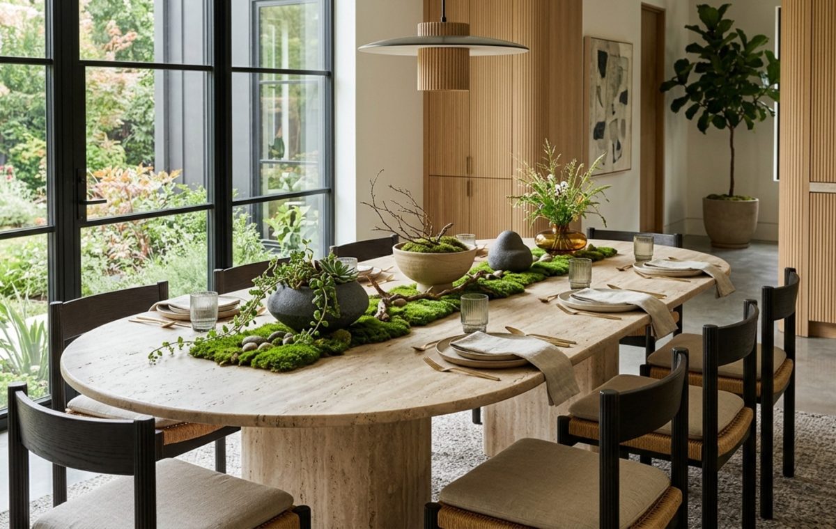 Low-profile centerpieces featuring fluted stone vessels and moss on a travertine table with clear sightlines for elegant dining.