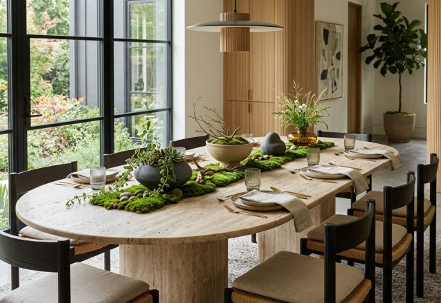 Low-profile centerpieces featuring fluted stone vessels and moss on a travertine table with clear sightlines for elegant dining.
