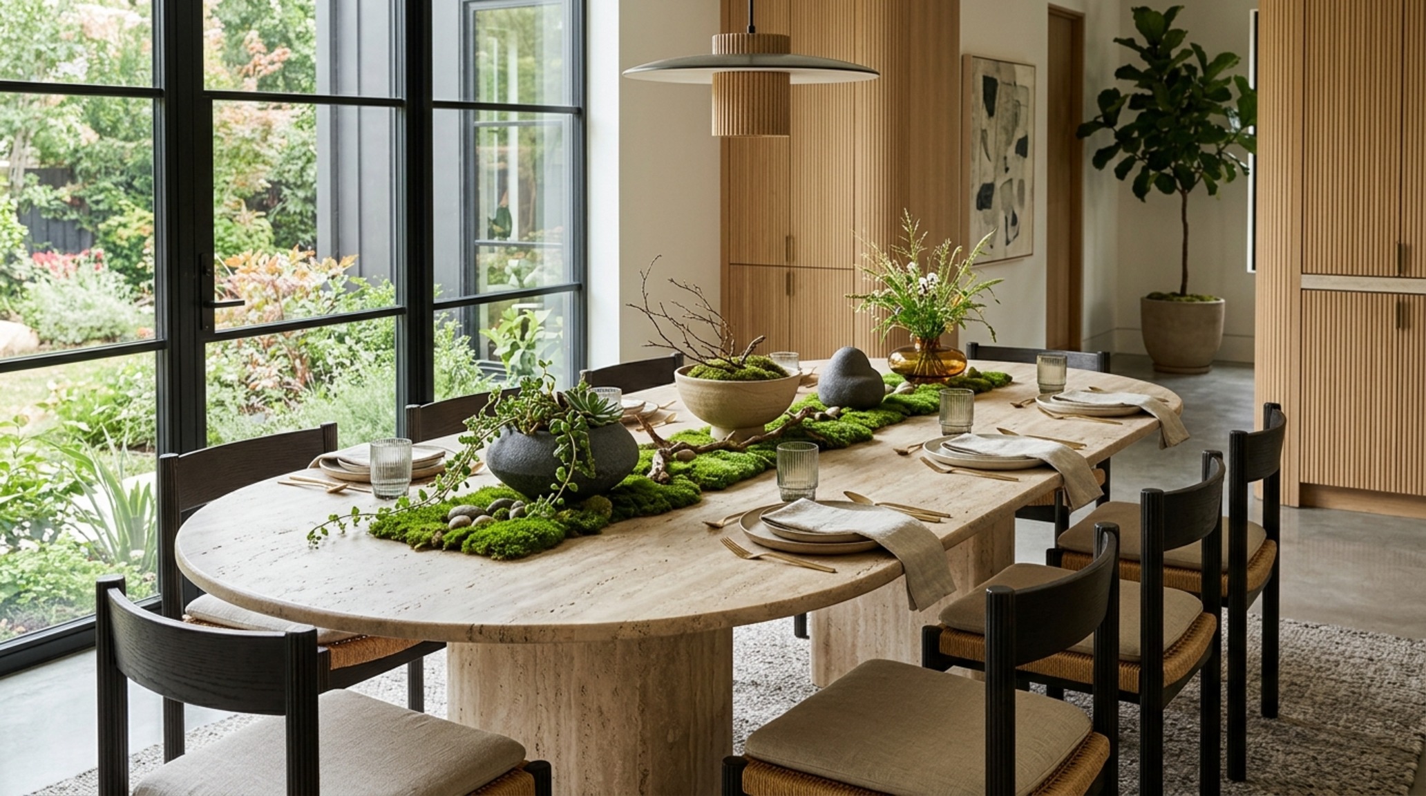 Low-profile centerpieces featuring fluted stone vessels and moss on a travertine table with clear sightlines for elegant dining. Low-profile centerpieces featuring fluted stone vessels and moss on a travertine table with clear sightlines for elegant dining.