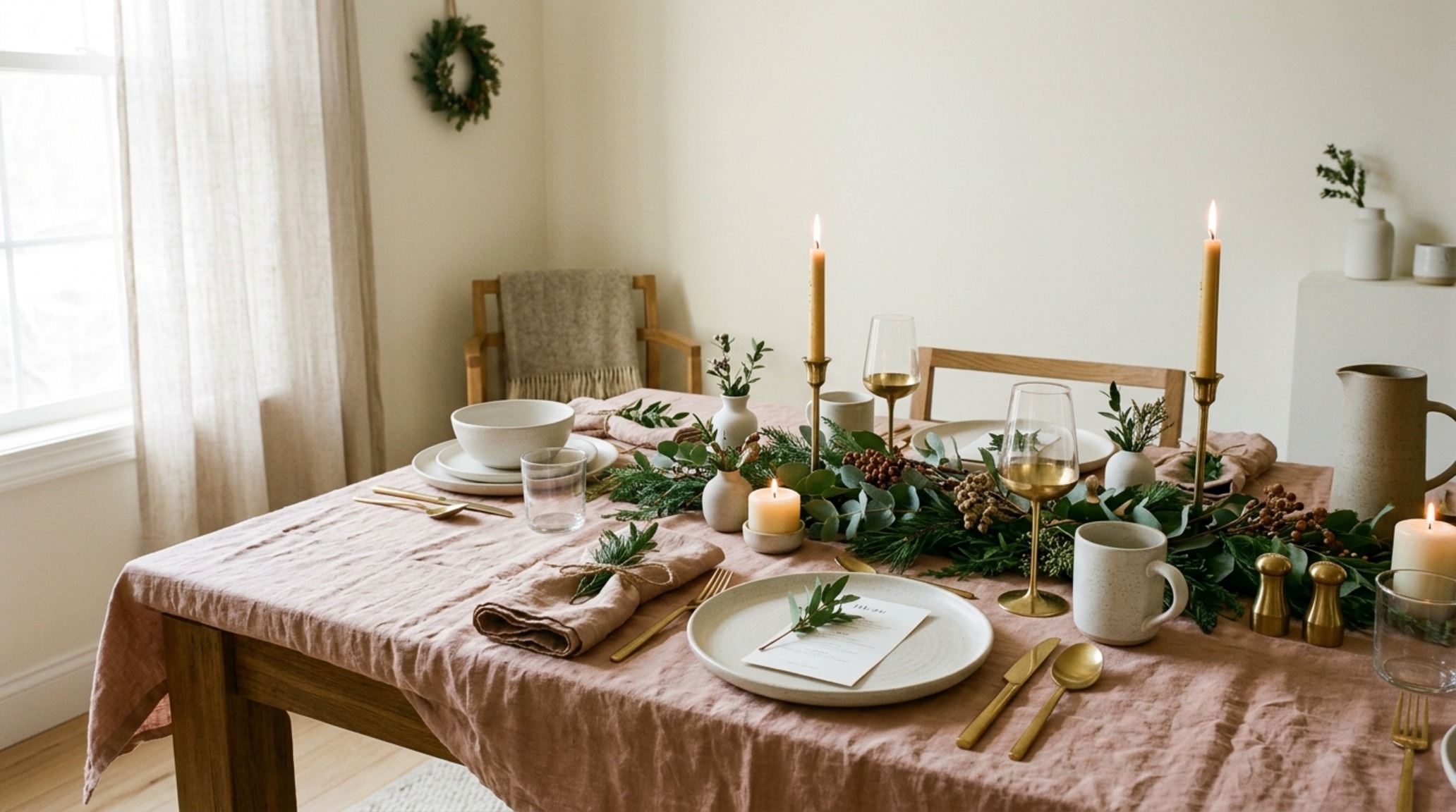 Modern holiday table decor using Benjamin Moore Swiss Coffee walls and linen runners in Farrow & Ball Setting Plaster for a 2025 aesthetic. Modern holiday table decor using Benjamin Moore Swiss Coffee walls and linen runners in Farrow & Ball Setting Plaster for a 2025 aesthetic.