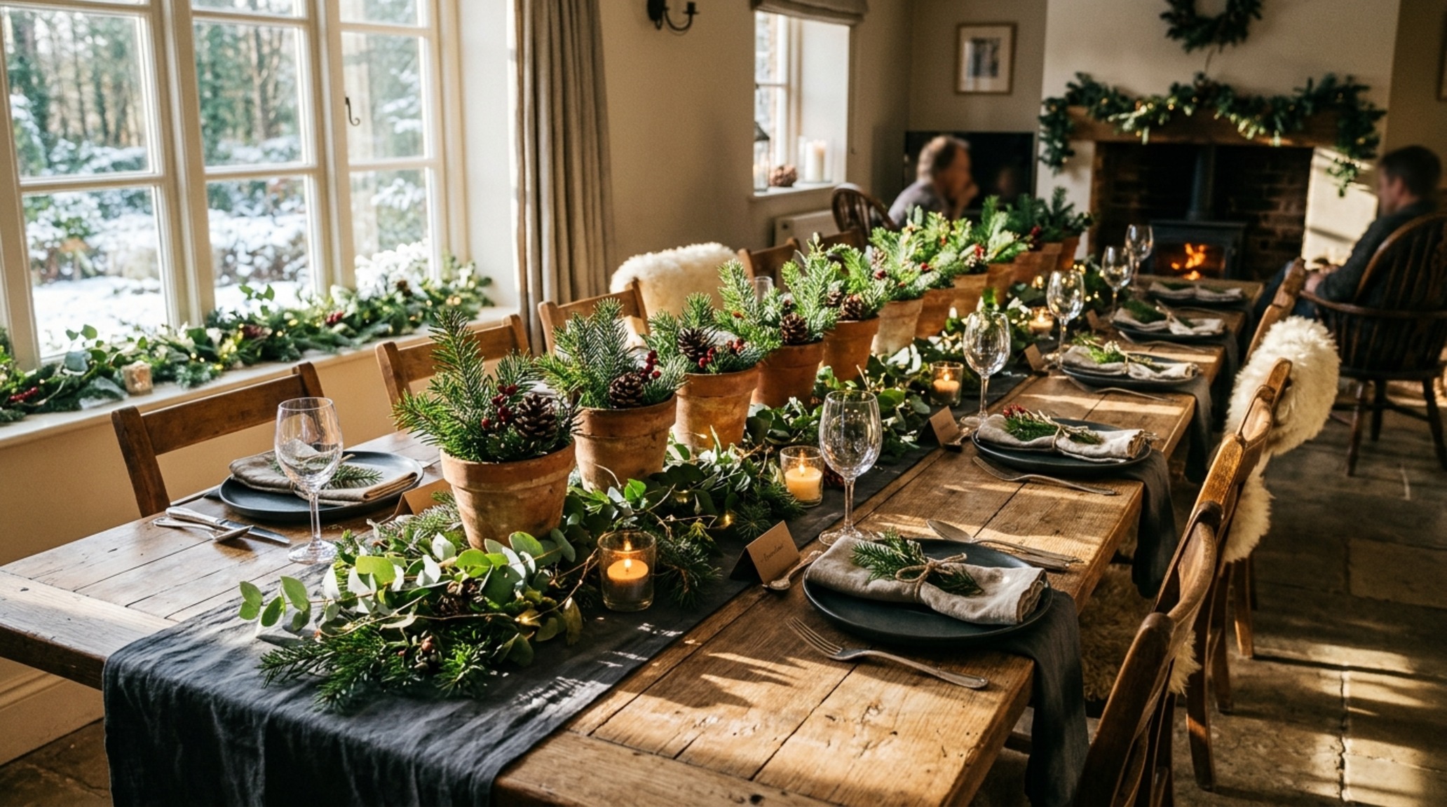 Rustic Christmas table ideas with rough-hewn oak, slate charcoal linens, and rhythmic clay pot foliage arrangements in a sunlit dining nook. Rustic Christmas table ideas with rough-hewn oak, slate charcoal linens, and rhythmic clay pot foliage arrangements in a sunlit dining nook.