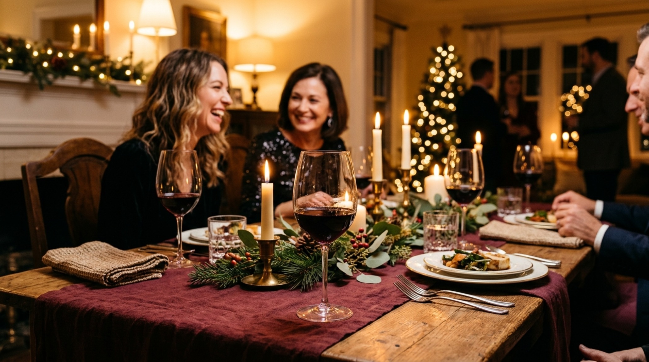 Elegant holiday entertaining captured through layered lighting with portable LED lamps and crystal glassware on a dark wood table. Elegant holiday entertaining captured through layered lighting with portable LED lamps and crystal glassware on a dark wood table.