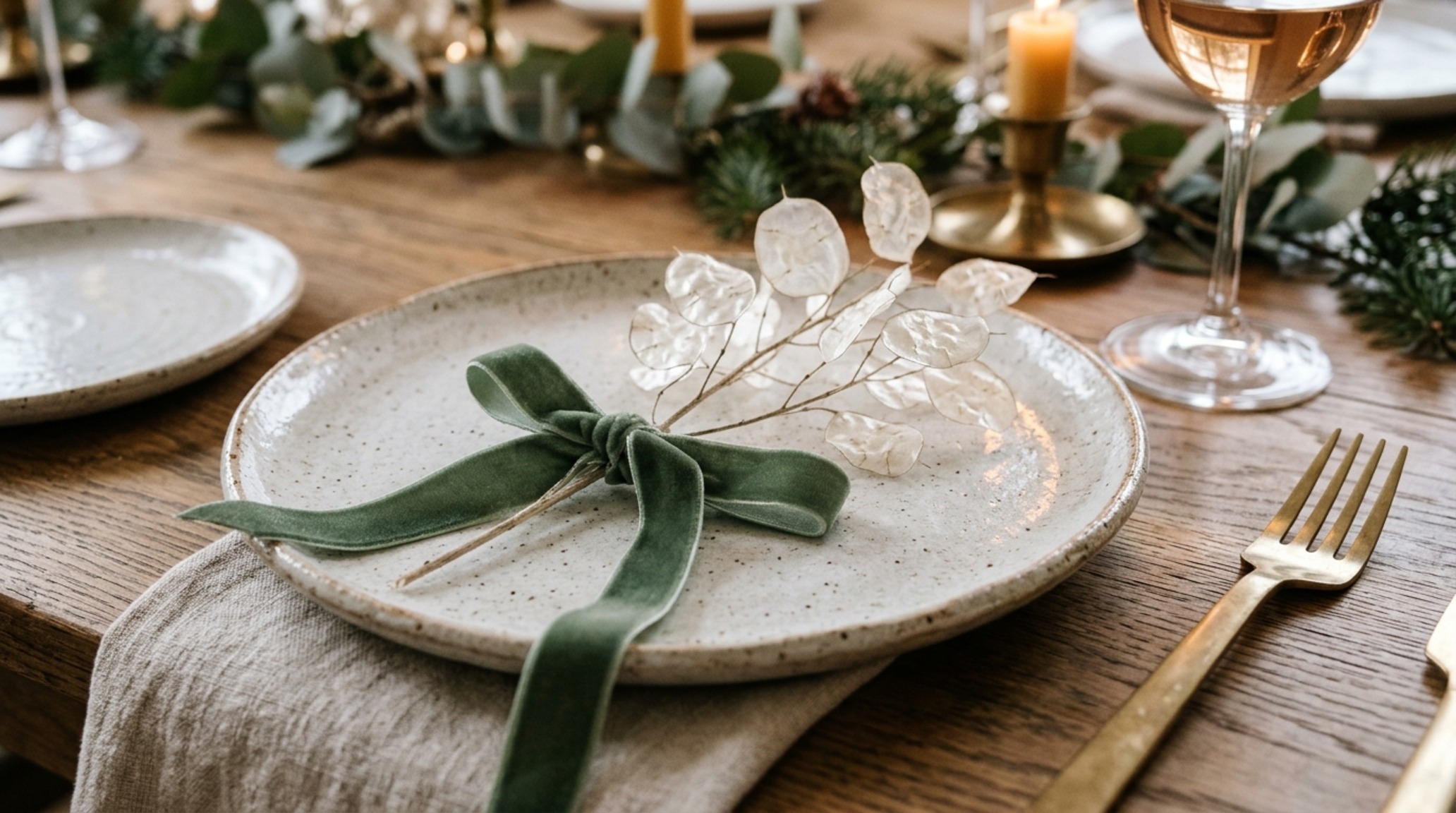 Modern holiday table decor detail showing monochromatic ceramic plates and velvet ribbons against a textured plaster backdrop. Modern holiday table decor detail showing monochromatic ceramic plates and velvet ribbons against a textured plaster backdrop.