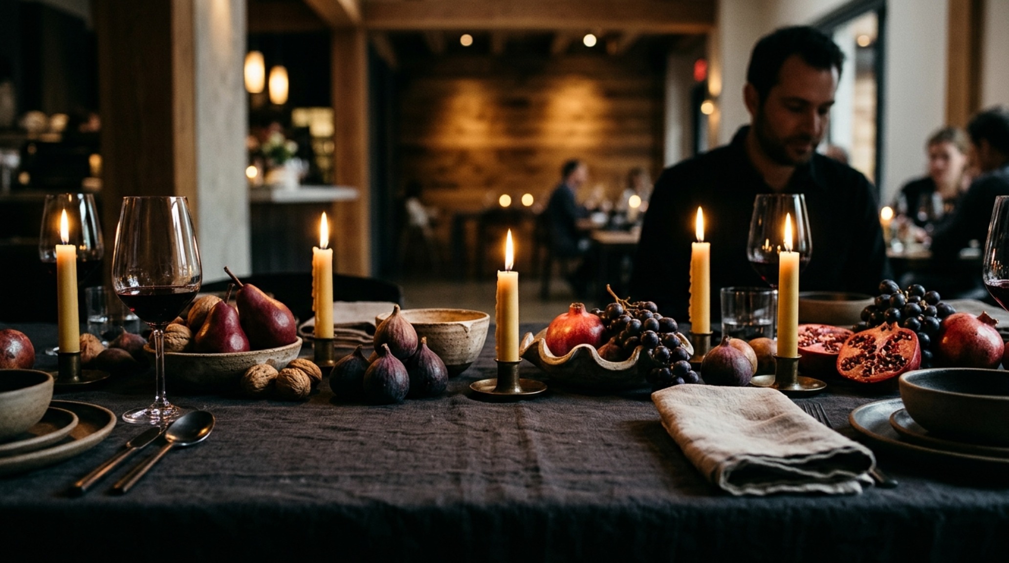 Low-profile centerpieces with sculptural pomegranates and dark beeswax tapers under 12 inches for intimate eye contact. Low-profile centerpieces with sculptural pomegranates and dark beeswax tapers under 12 inches for intimate eye contact.