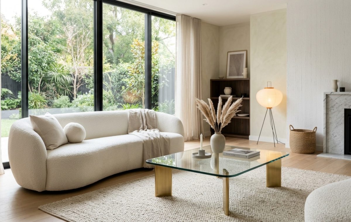 A bright minimalist living room featuring a contemporary center table with a clear glass top and architectural brass legs on a white oak floor.
