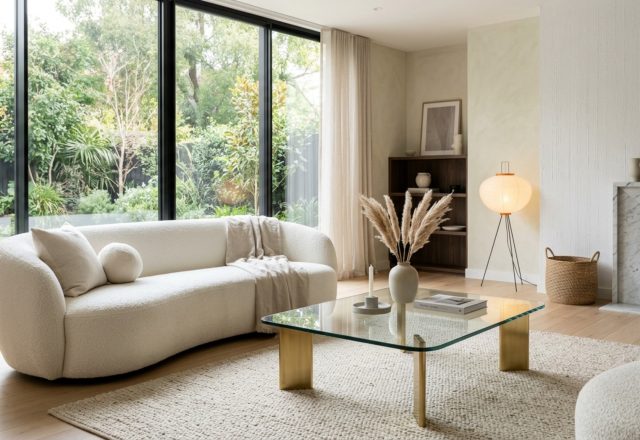 A bright minimalist living room featuring a contemporary center table with a clear glass top and architectural brass legs on a white oak floor.