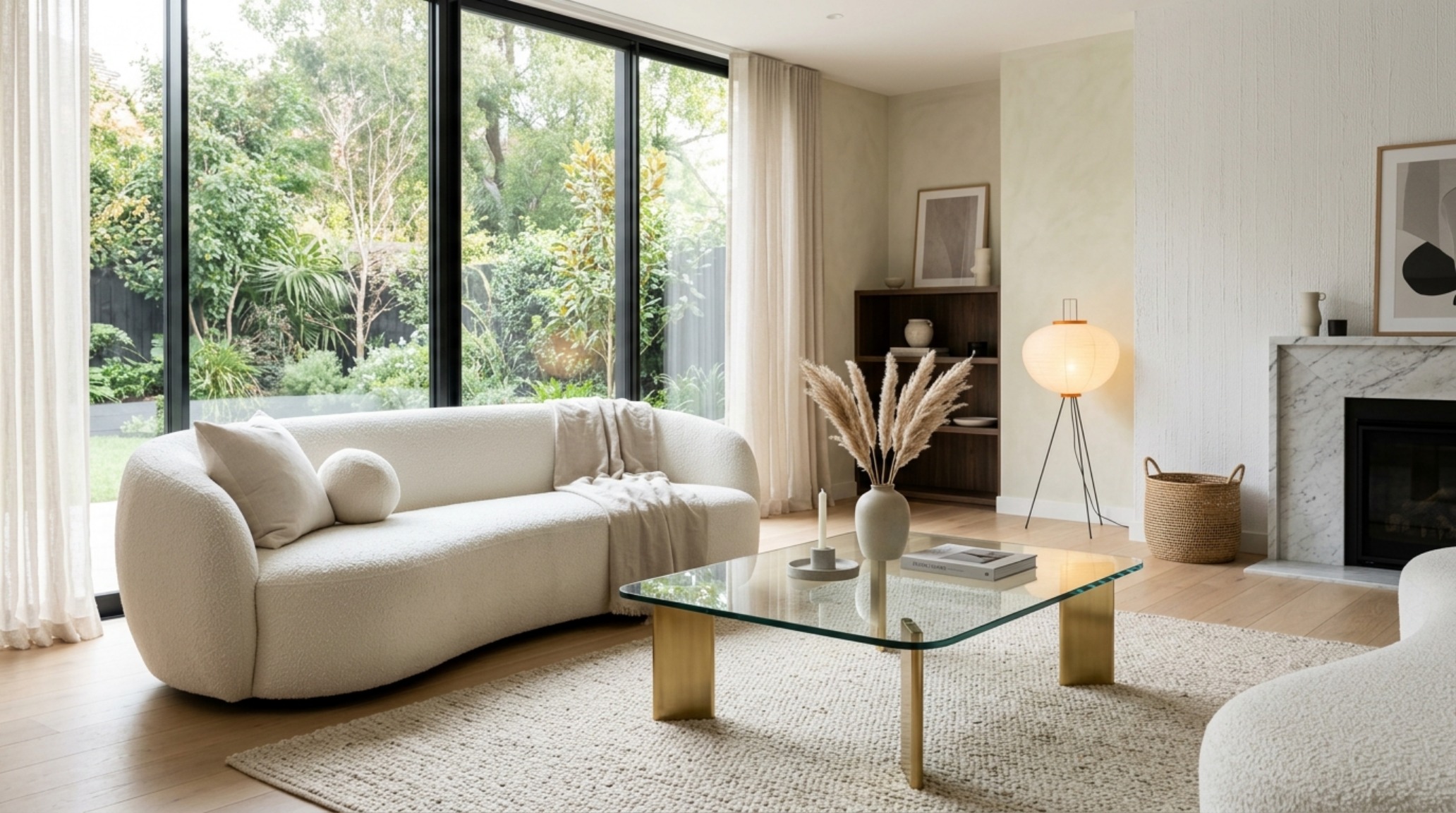 A bright minimalist living room featuring a contemporary center table with a clear glass top and architectural brass legs on a white oak floor. A bright minimalist living room featuring a contemporary center table with a clear glass top and architectural brass legs on a white oak floor.