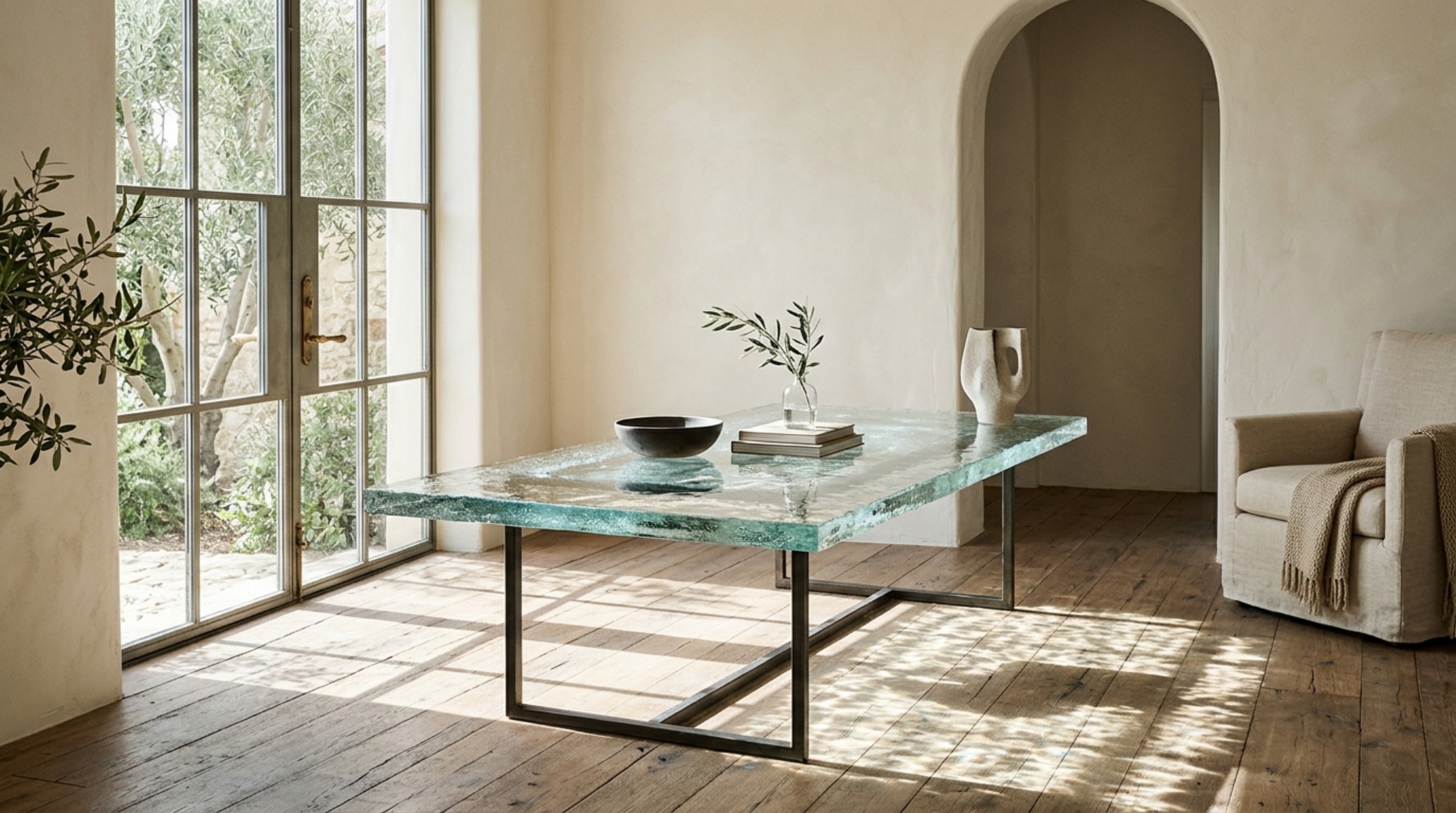 A glass coffee table in a room painted with Benjamin Moore Swiss Coffee, highlighting the contrast between silica and matte textures. A glass coffee table in a room painted with Benjamin Moore Swiss Coffee, highlighting the contrast between silica and matte textures.