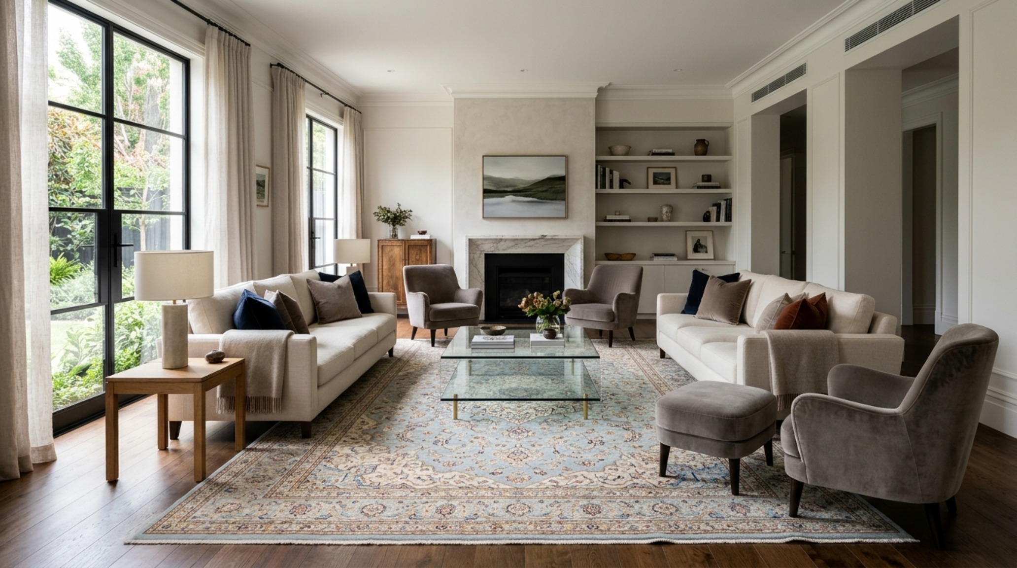 Contemporary living space with a large-scale glass table that maintains the visual integrity of a hand-knotted silk rug beneath it. Contemporary living space with a large-scale glass table that maintains the visual integrity of a hand-knotted silk rug beneath it.
