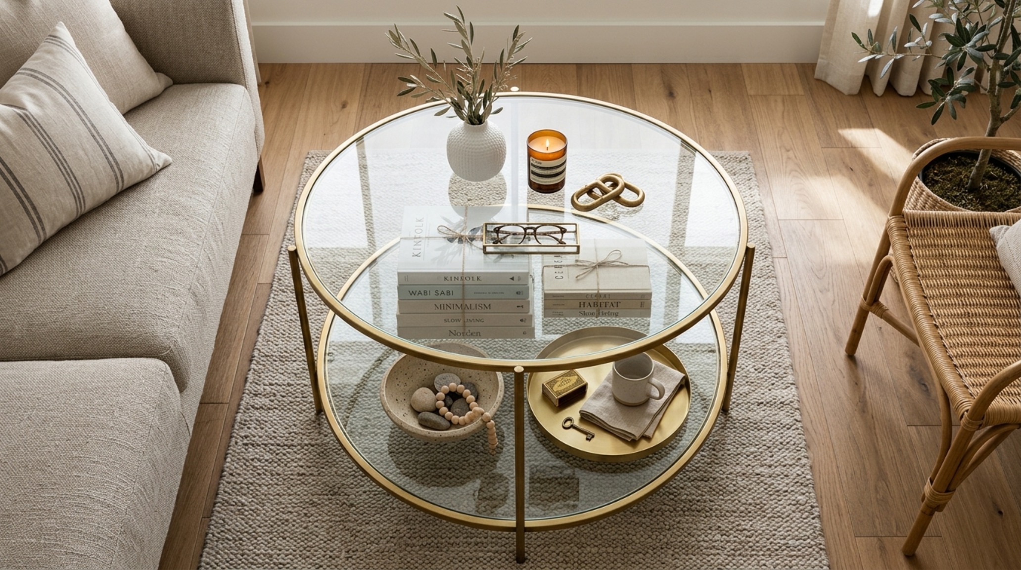 An expert interior styling masterclass featuring a two-tier glass coffee table decorated with stacked linen books and a ceramic bowl. An expert interior styling masterclass featuring a two-tier glass coffee table decorated with stacked linen books and a ceramic bowl.