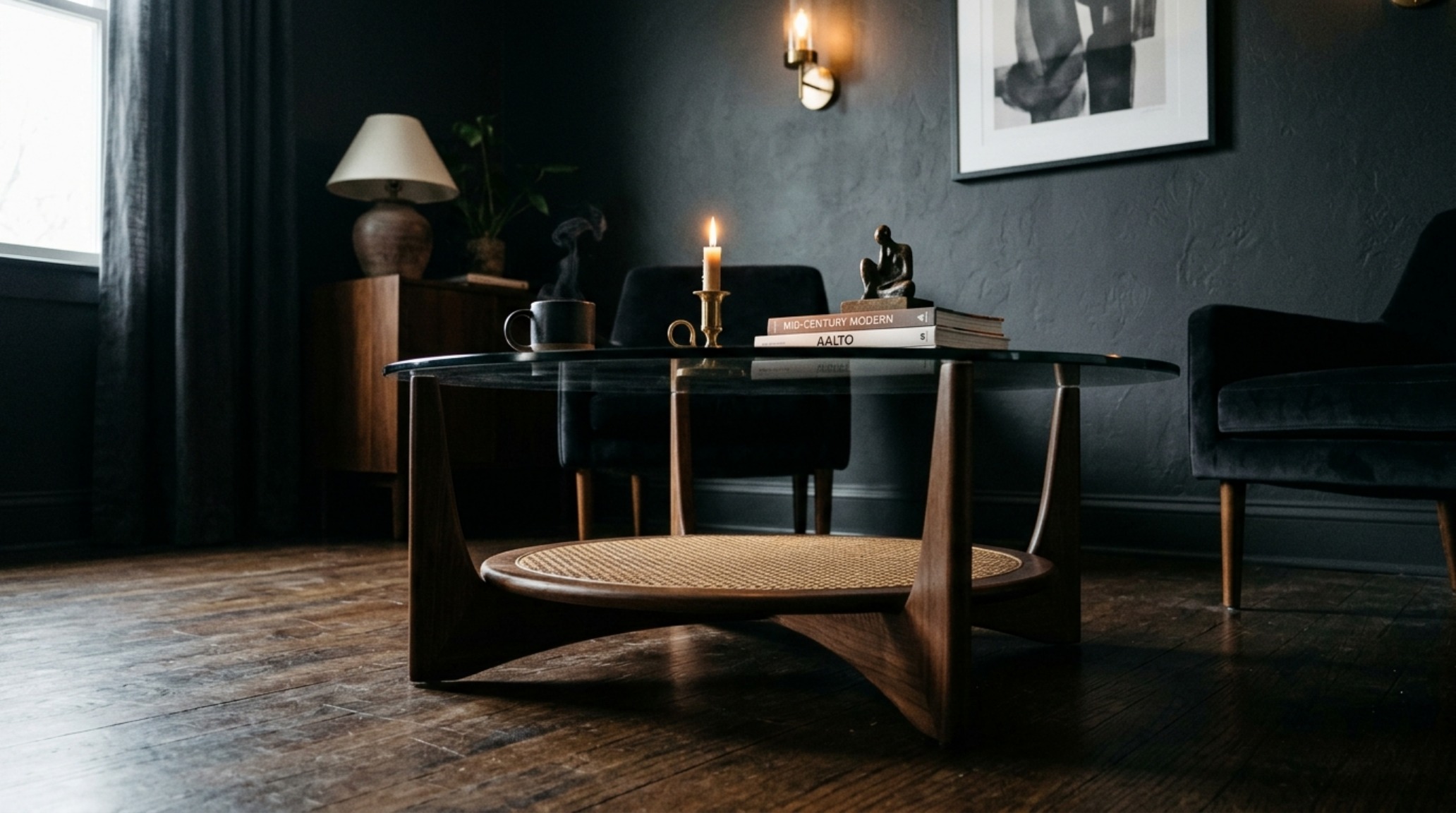 Mid-century smoked glass coffee table ideas showcased in a moody lounge with charcoal walls and a velvet sofa. Mid-century smoked glass coffee table ideas showcased in a moody lounge with charcoal walls and a velvet sofa.
