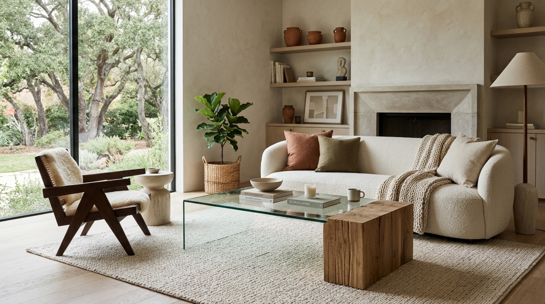 Modern organic glass table decor trends featuring a cantilevered glass surface on a honed travertine stone base in a sun-drenched loft. Modern organic glass table decor trends featuring a cantilevered glass surface on a honed travertine stone base in a sun-drenched loft.