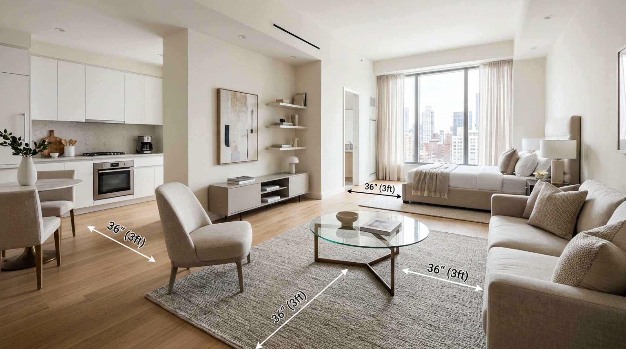 A circular glass coffee table placed in a small living room to maintain sightlines and improve spatial flow near a bouclé sofa. A circular glass coffee table placed in a small living room to maintain sightlines and improve spatial flow near a bouclé sofa.