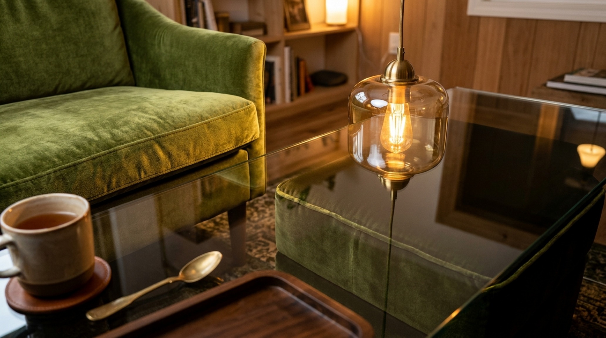 Detail of modern living room furniture showing the reflection of a designer floor lamp on a polished glass surface. Detail of modern living room furniture showing the reflection of a designer floor lamp on a polished glass surface.
