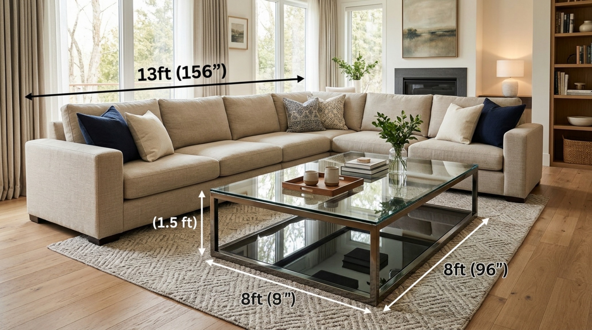 Architectural view of a primary circulation path with 36-inch clearance around a transparent glass furniture set. Architectural view of a primary circulation path with 36-inch clearance around a transparent glass furniture set.