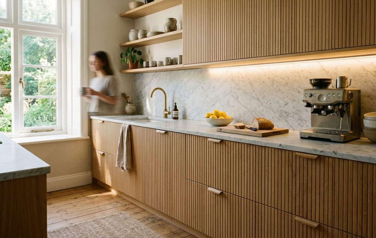 bespoke IKEA cabinet fronts 2026 in fluted white oak paired with a honed marble countertop and warm 2700K under-cabinet lighting
