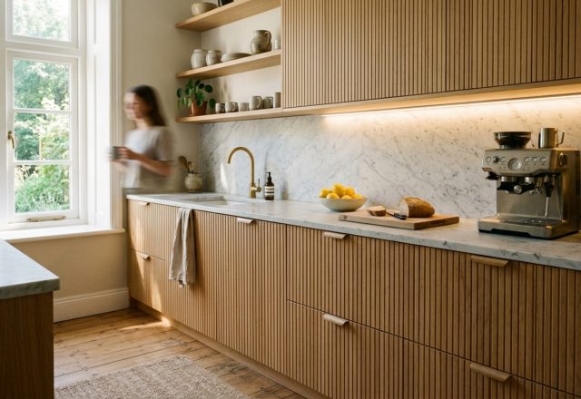 bespoke IKEA cabinet fronts 2026 in fluted white oak paired with a honed marble countertop and warm 2700K under-cabinet lighting