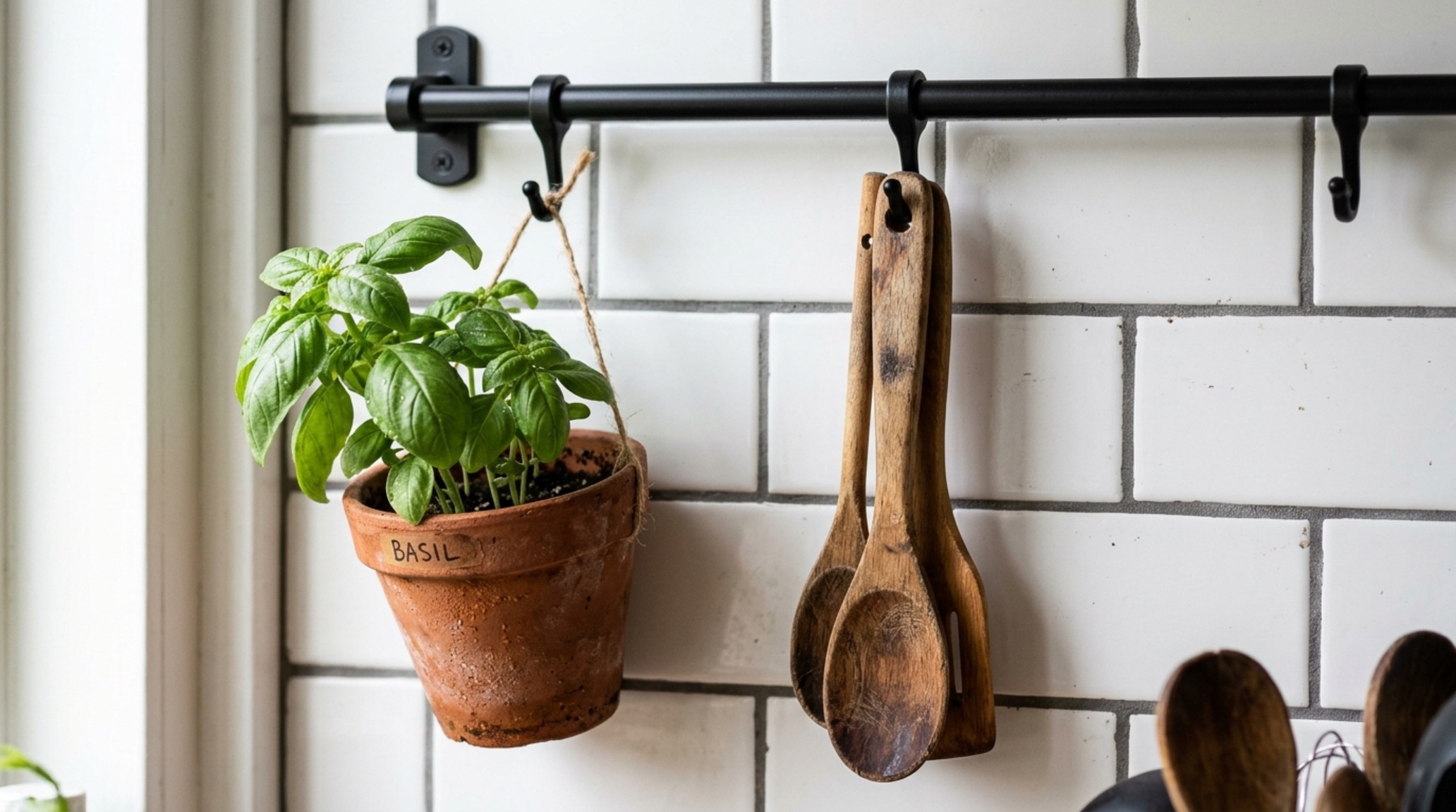 vertical kitchen organization IKEA HULTARP system in matte black steel mounted on a white tiled backsplash with fresh herbs and wooden utensils vertical kitchen organization IKEA HULTARP system in matte black steel mounted on a white tiled backsplash with fresh herbs and wooden utensils