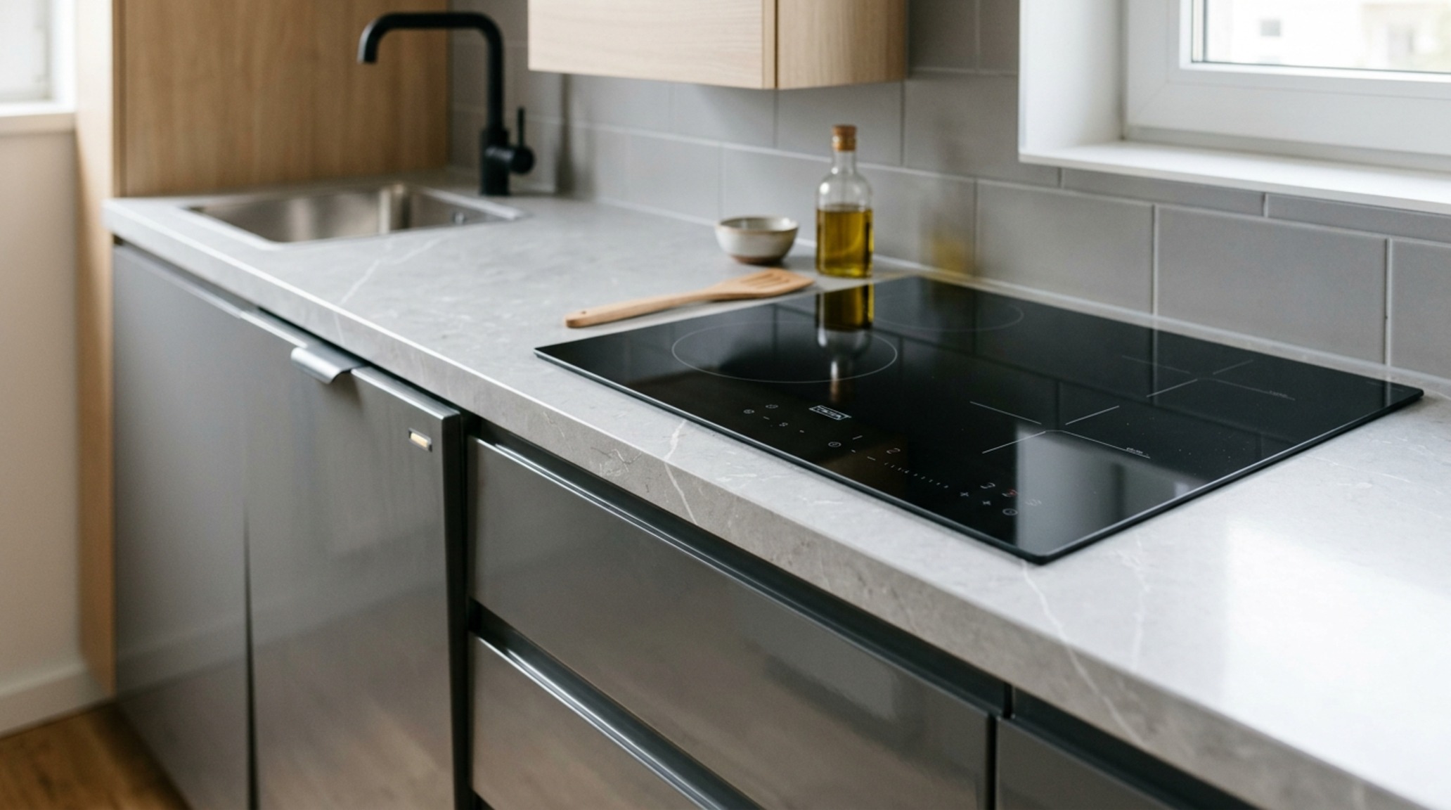 compact kitchen appliances for IKEA systems including an integrated 18-inch dishwasher and a slim induction cooktop flush with a quartz surface compact kitchen appliances for IKEA systems including an integrated 18-inch dishwasher and a slim induction cooktop flush with a quartz surface