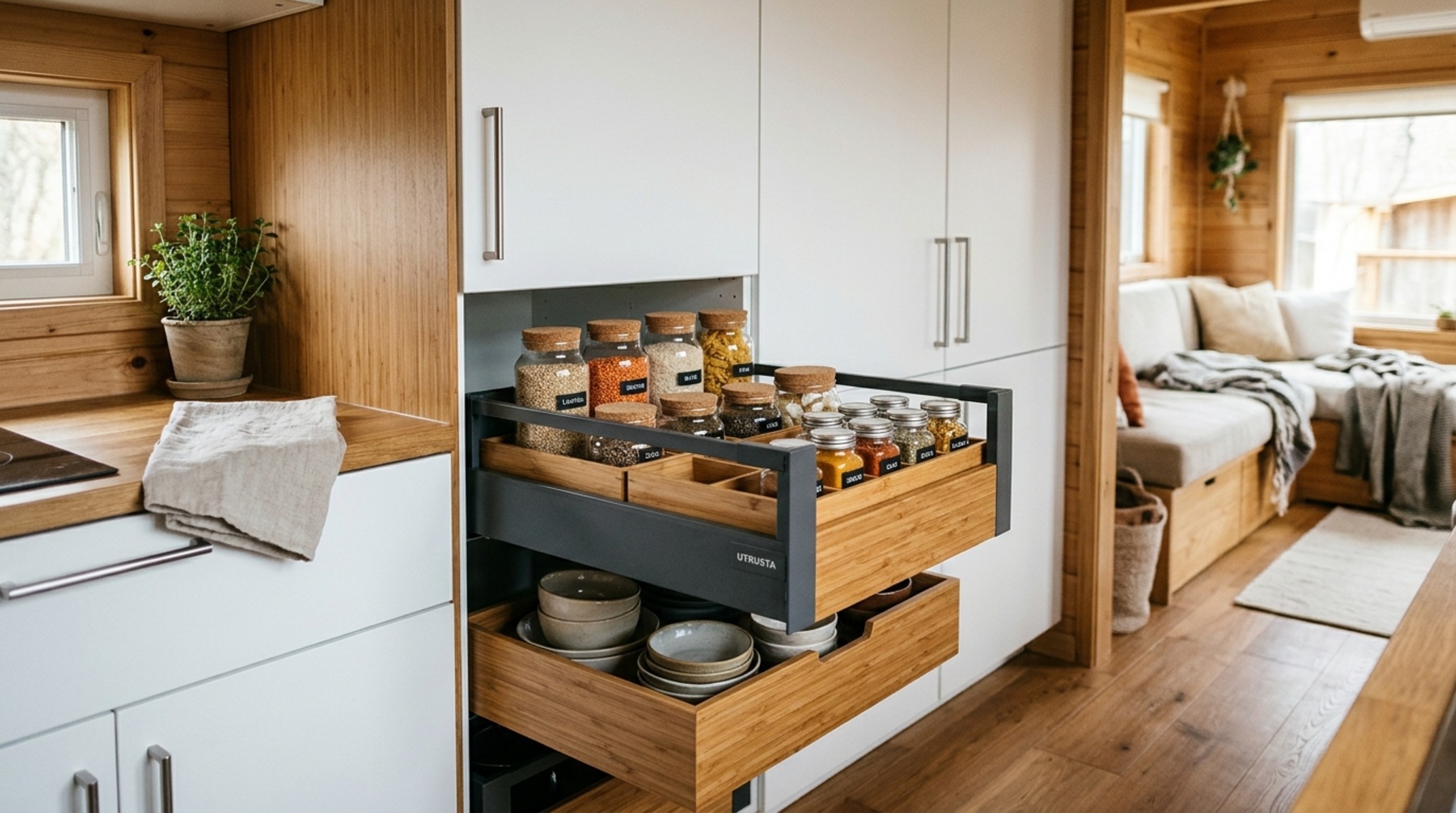 IKEA SEKTION storage solutions for tiny homes displaying a pull-out pantry with tiered organization for spices and dry goods IKEA SEKTION storage solutions for tiny homes displaying a pull-out pantry with tiered organization for spices and dry goods
