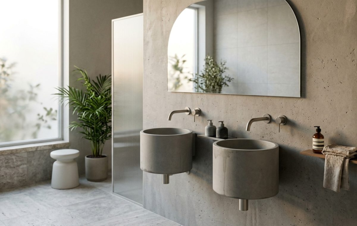 Wall-mounted bathroom basins in a minimalist concrete ensuite featuring a brushed gunmetal bottle trap and a frameless mirror cabinet.