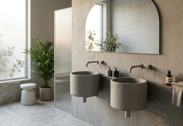 Wall-mounted bathroom basins in a minimalist concrete ensuite featuring a brushed gunmetal bottle trap and a frameless mirror cabinet.