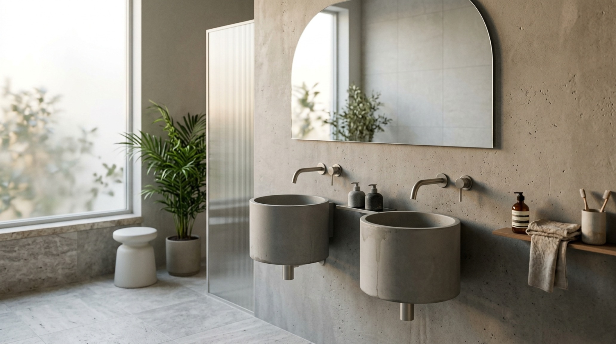 Wall-mounted bathroom basins in a minimalist concrete ensuite featuring a brushed gunmetal bottle trap and a frameless mirror cabinet. Wall-mounted bathroom basins in a minimalist concrete ensuite featuring a brushed gunmetal bottle trap and a frameless mirror cabinet.