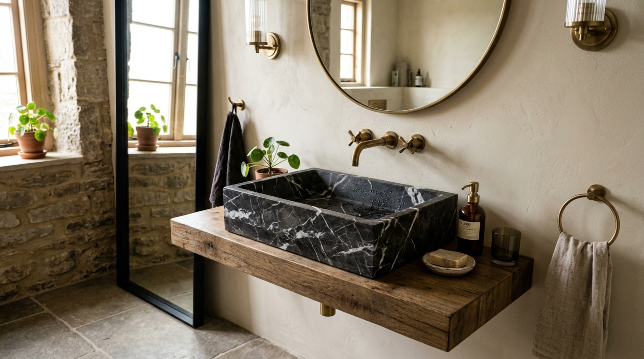 Natural stone bathroom sinks featuring a dramatic Calacatta marble basin against a backdrop of soft clay-plastered walls. Natural stone bathroom sinks featuring a dramatic Calacatta marble basin against a backdrop of soft clay-plastered walls.