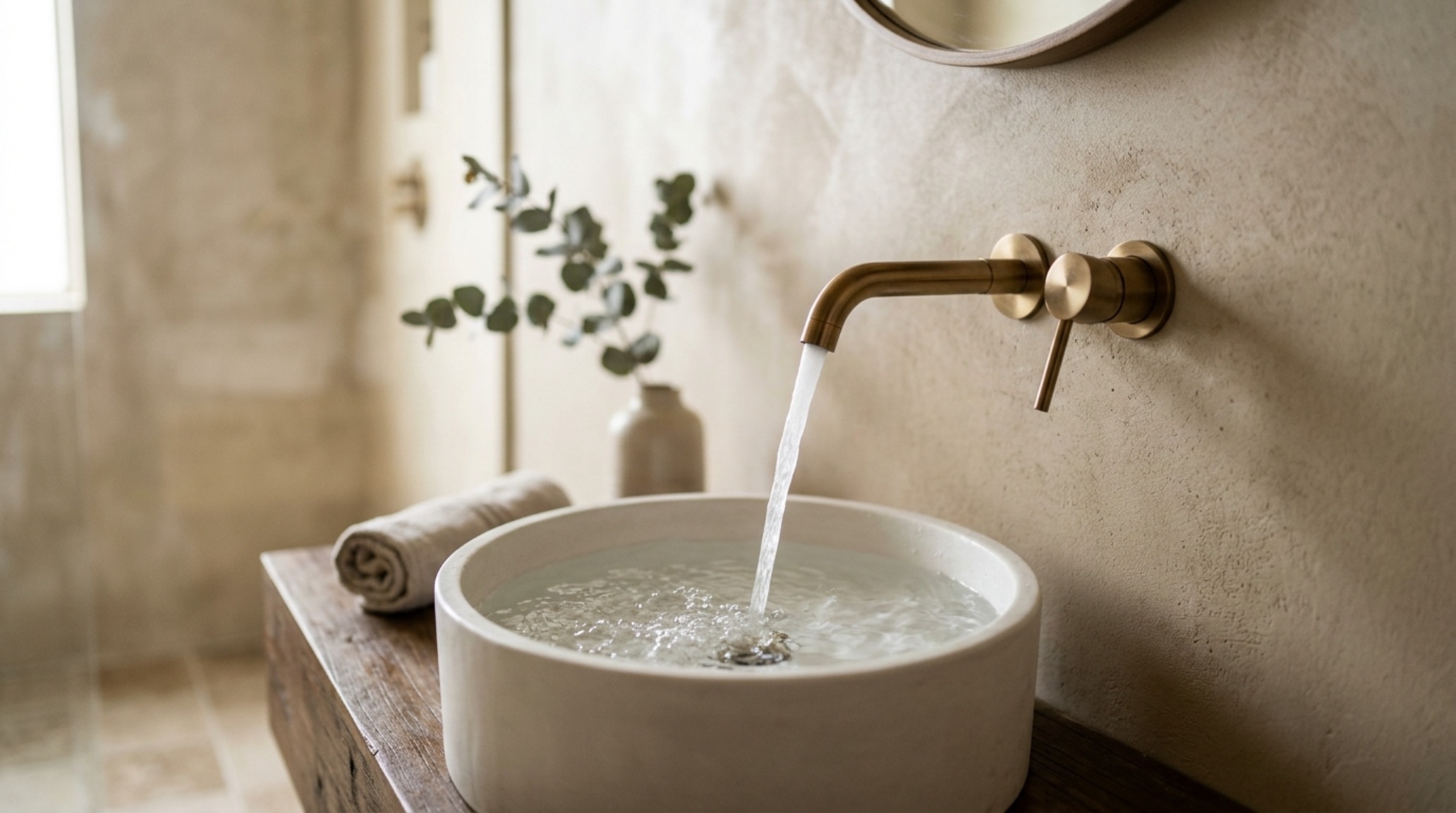 Luxury bathroom sanitaryware including a waterfall-style wall faucet and a concealed drain system in a high-performance small bath. Luxury bathroom sanitaryware including a waterfall-style wall faucet and a concealed drain system in a high-performance small bath.