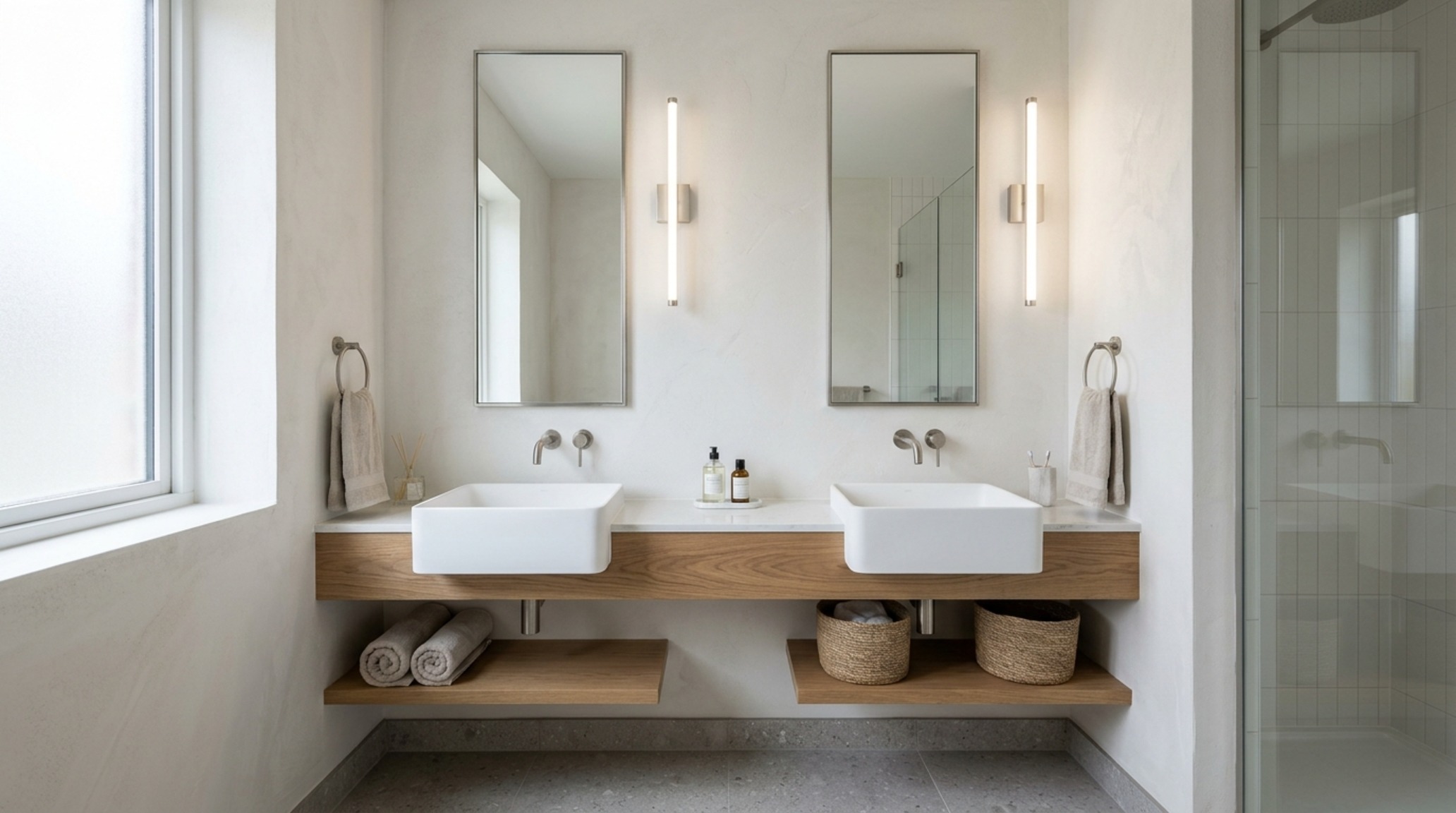 Dual vanity layout ideas featuring two separate wall-hung basins at different heights to accommodate diverse family members in a compact home. Dual vanity layout ideas featuring two separate wall-hung basins at different heights to accommodate diverse family members in a compact home.