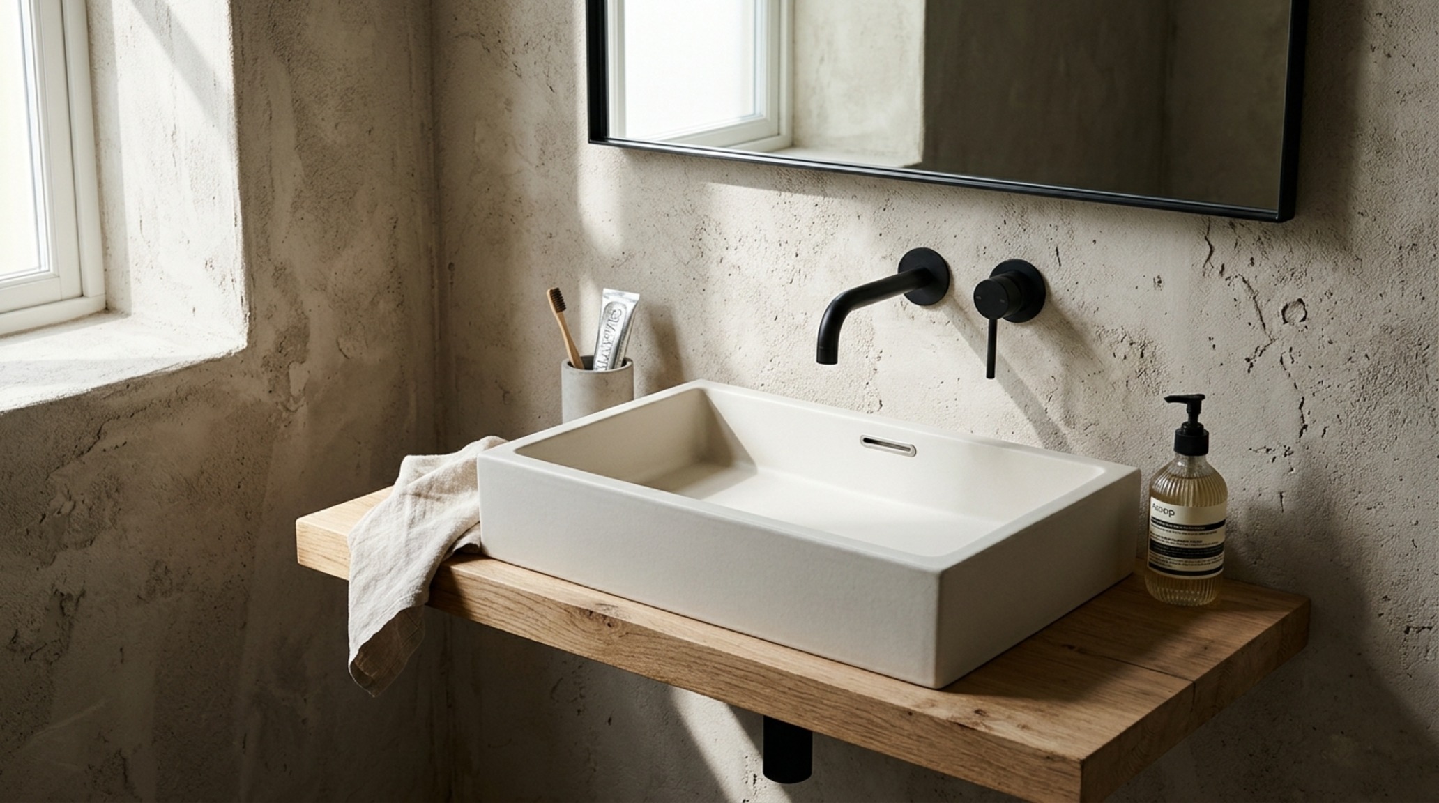 Modern wash basin designs showcasing a thin-rimmed rectangular fireclay sink on a wall-hung shelf in a small powder room with linen-textured walls. Modern wash basin designs showcasing a thin-rimmed rectangular fireclay sink on a wall-hung shelf in a small powder room with linen-textured walls.