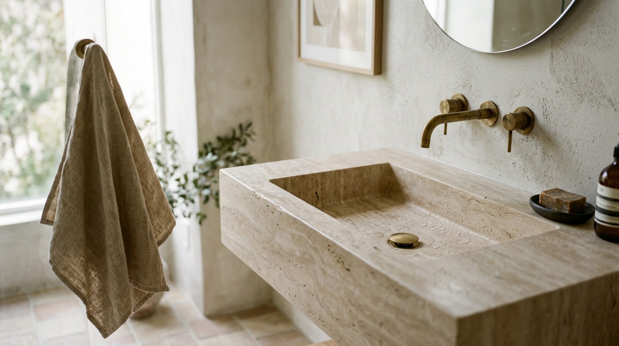Natural stone bathroom sinks carved from honed silver travertine paired with wall-mounted aged brass faucets in a high-contrast luxury bath. Natural stone bathroom sinks carved from honed silver travertine paired with wall-mounted aged brass faucets in a high-contrast luxury bath.