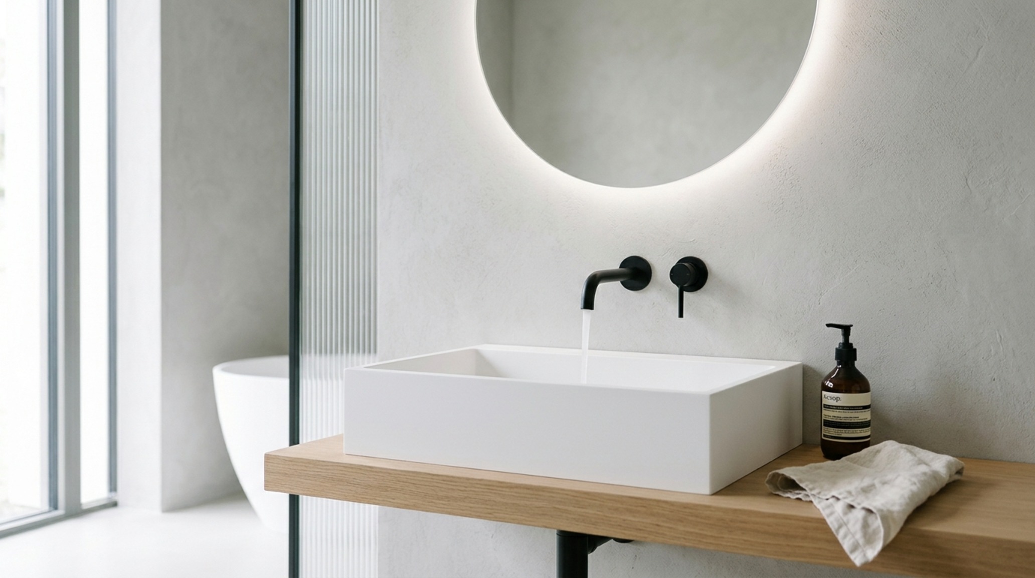 Luxury bathroom sanitaryware in a matte black finish complementing a trough-style basin in a contemporary urban master suite. Luxury bathroom sanitaryware in a matte black finish complementing a trough-style basin in a contemporary urban master suite.