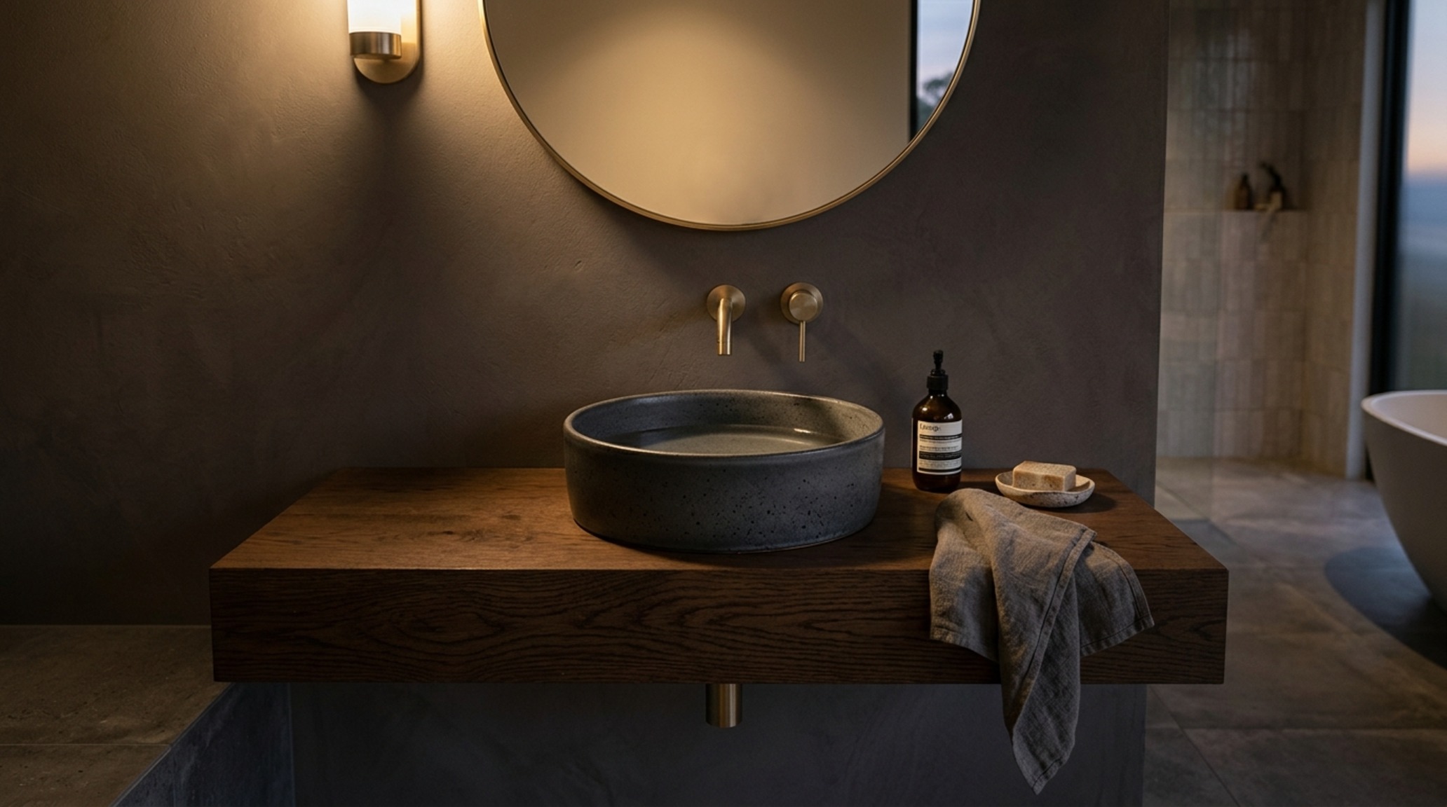 Modern wash basin designs with a circular vessel sink on a floating fluted wood vanity, highlighted by warm 2700K accent lighting. Modern wash basin designs with a circular vessel sink on a floating fluted wood vanity, highlighted by warm 2700K accent lighting.