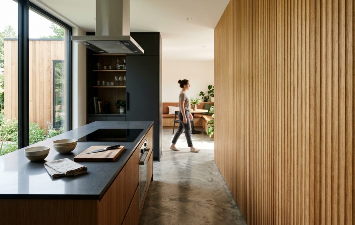 Smart modular home layouts featuring a 36-inch clear walkway, integrated white oak storage, and floor-to-ceiling glass for optimal sightline alignment.