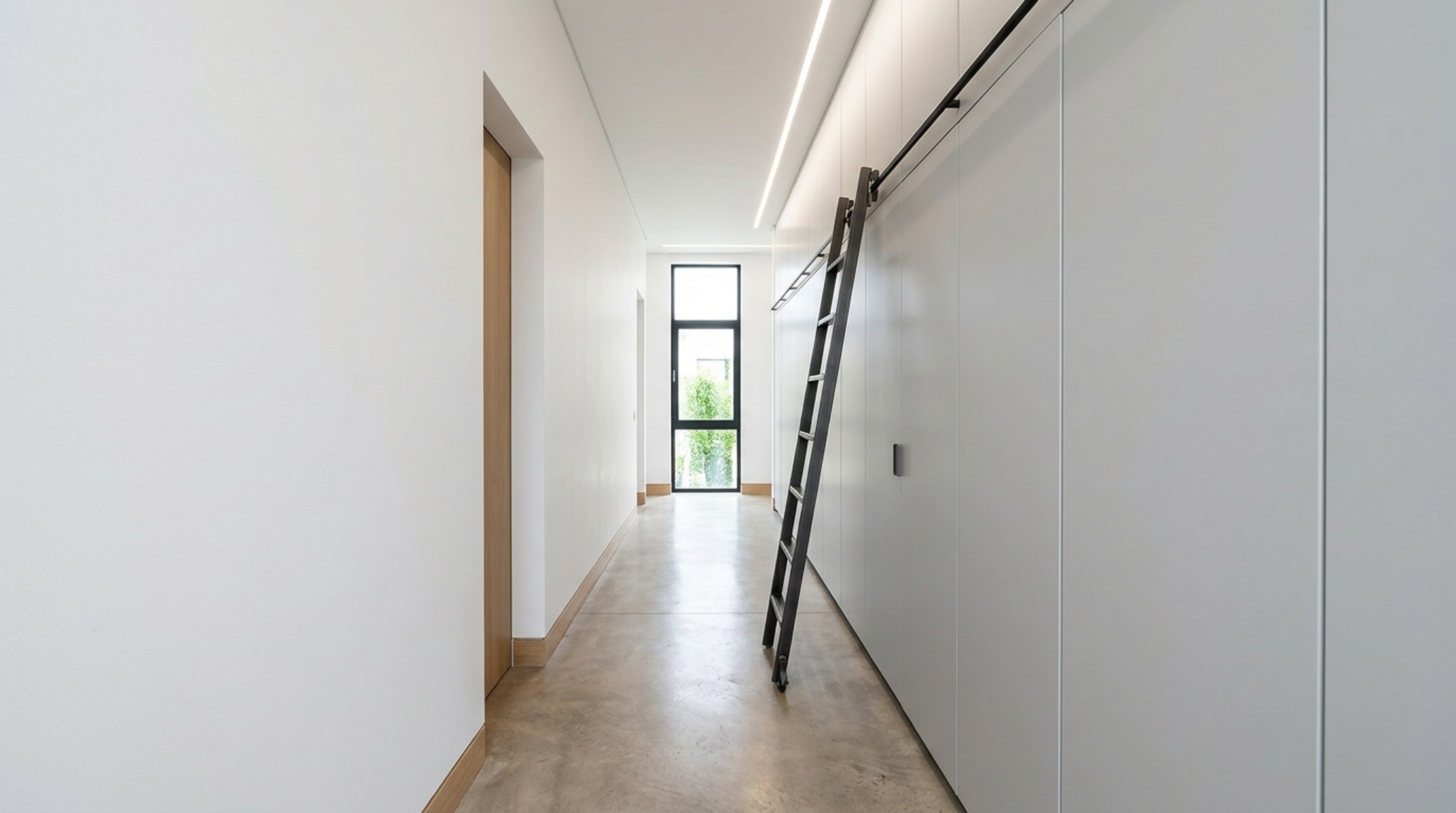 Compact modular floor plans featuring a vertical storage system reaching the 9-foot ceiling with integrated library ladder in a minimalist hallway. Compact modular floor plans featuring a vertical storage system reaching the 9-foot ceiling with integrated library ladder in a minimalist hallway.
