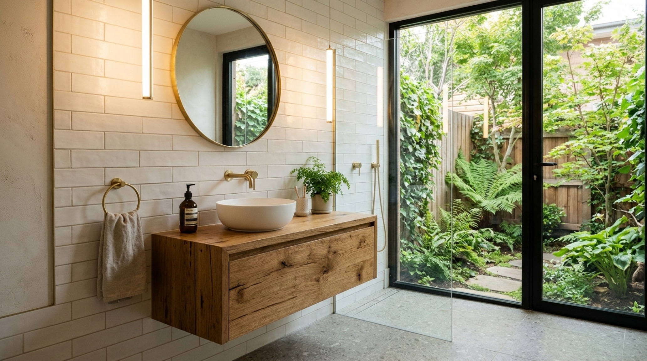 Sustainable small house design bathroom with a floating oak vanity, wall-mounted brass fittings, and high CRI 90+ diffused lighting. Sustainable small house design bathroom with a floating oak vanity, wall-mounted brass fittings, and high CRI 90+ diffused lighting.