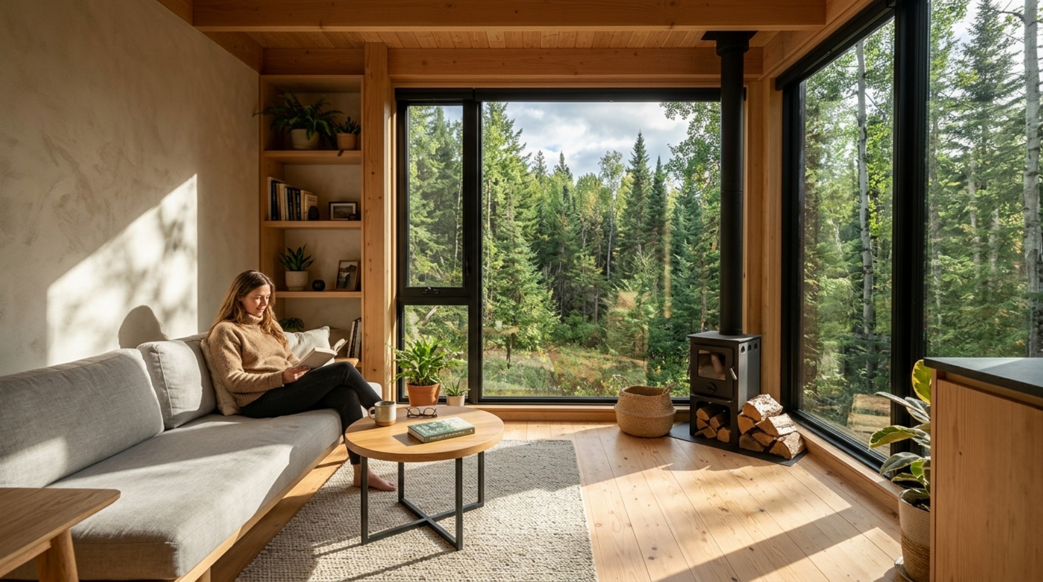 Sustainable small house design with triple-glazed windows, high-performance insulation, and natural shadow play across reclaimed wood flooring. Sustainable small house design with triple-glazed windows, high-performance insulation, and natural shadow play across reclaimed wood flooring.