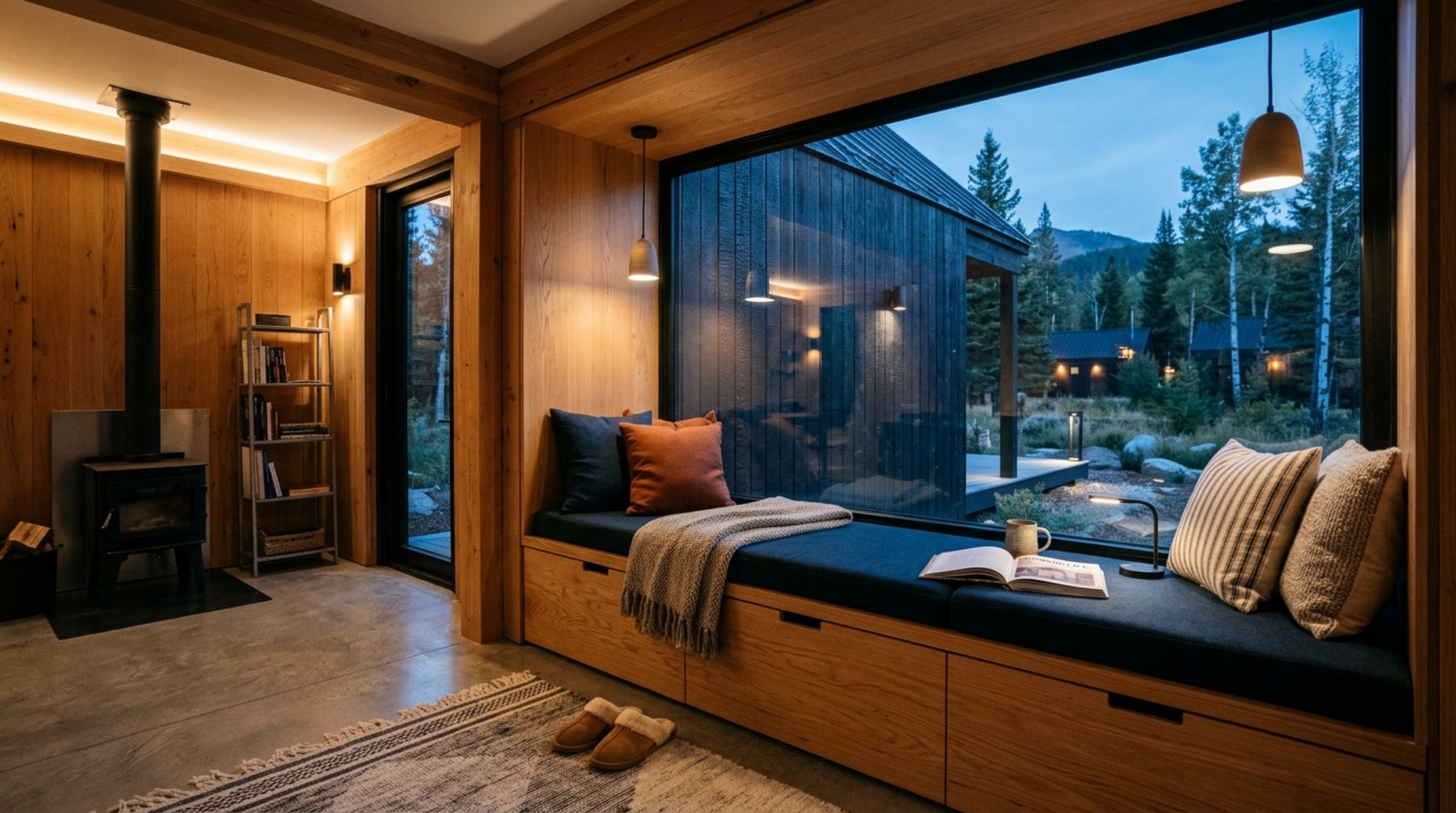 Modern modular cabins living room with charred Shou Sugi Ban exterior visible through glass, a built-in reading nook, and ergonomic furniture placement. Modern modular cabins living room with charred Shou Sugi Ban exterior visible through glass, a built-in reading nook, and ergonomic furniture placement.