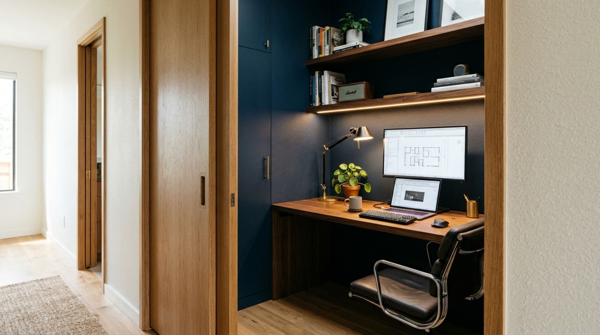 Smart modular home layouts depicting a multi-functional home office nook with soft-close pocket doors and ergonomic 30-inch chair clearance. Smart modular home layouts depicting a multi-functional home office nook with soft-close pocket doors and ergonomic 30-inch chair clearance.