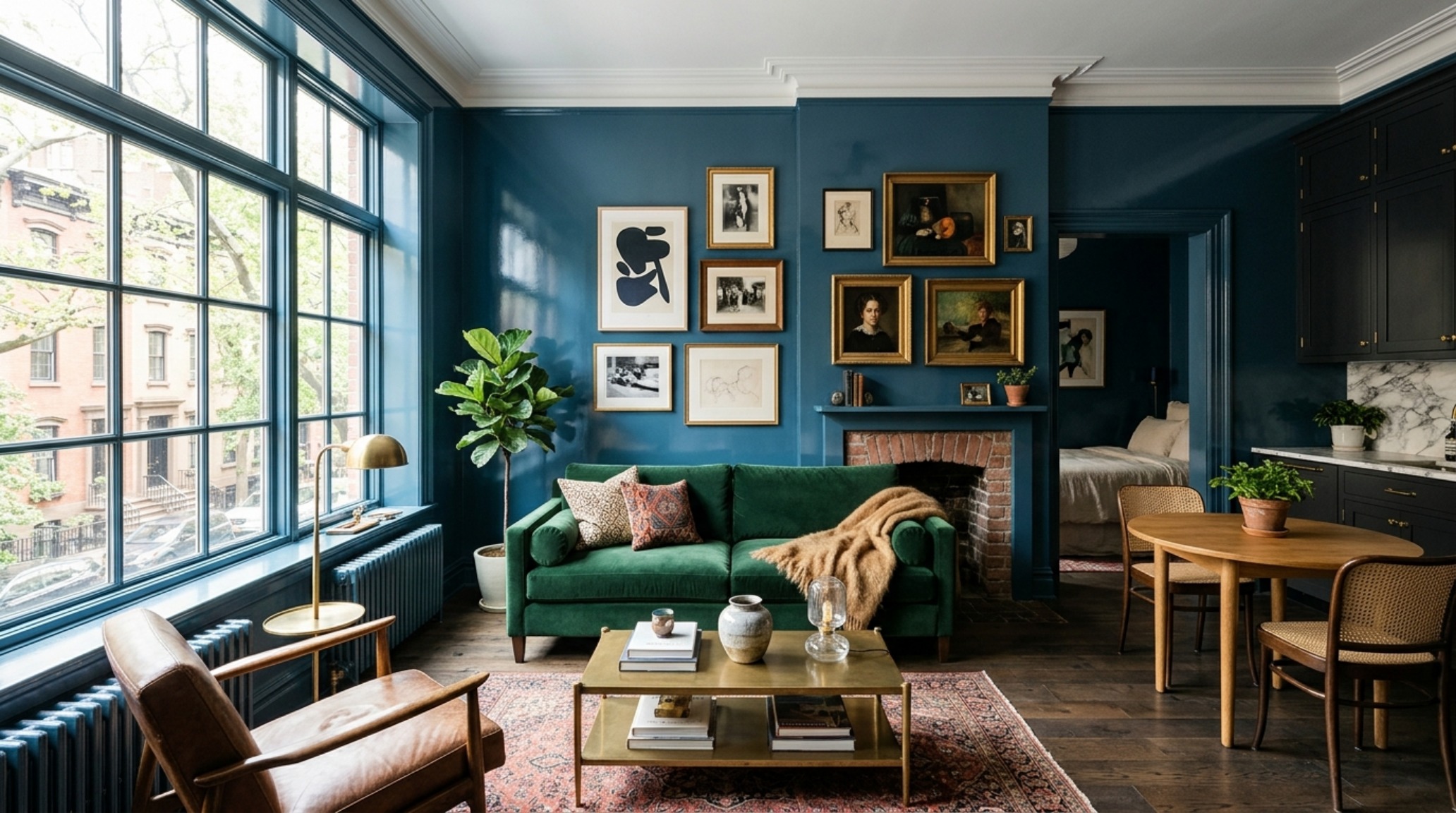 Wide shot of a West Village studio living room featuring high-gloss Stiffkey Blue walls and a curated gallery wall as seen in the emily butler nyc apartment home tour decor ideas. Wide shot of a West Village studio living room featuring high-gloss Stiffkey Blue walls and a curated gallery wall as seen in the emily butler nyc apartment home tour decor ideas.