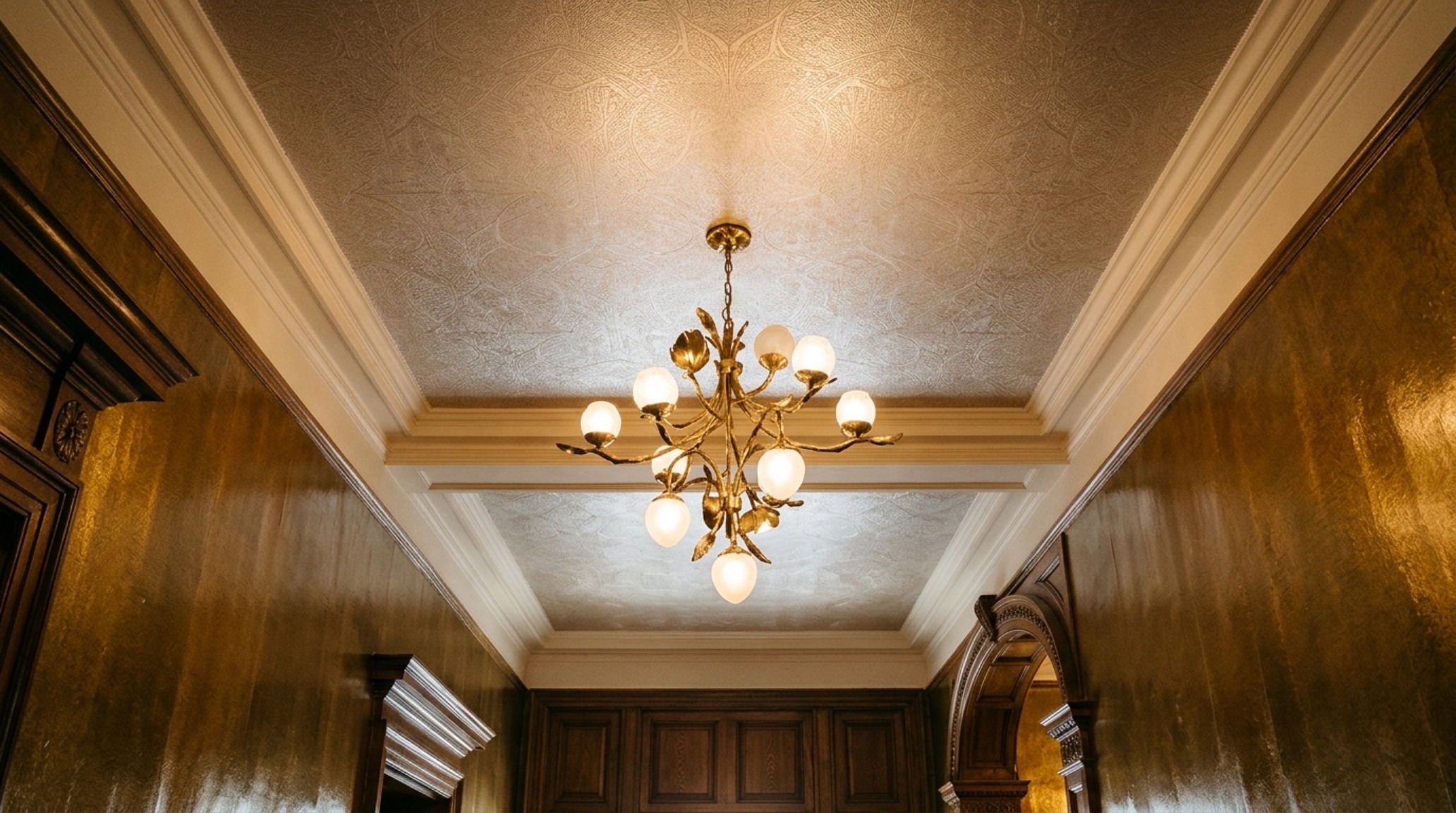 Detail of a 2700K designer pendant light casting a warm glow on a textured wallpaper ceiling, enhancing the jewel box aesthetic. Detail of a 2700K designer pendant light casting a warm glow on a textured wallpaper ceiling, enhancing the jewel box aesthetic.