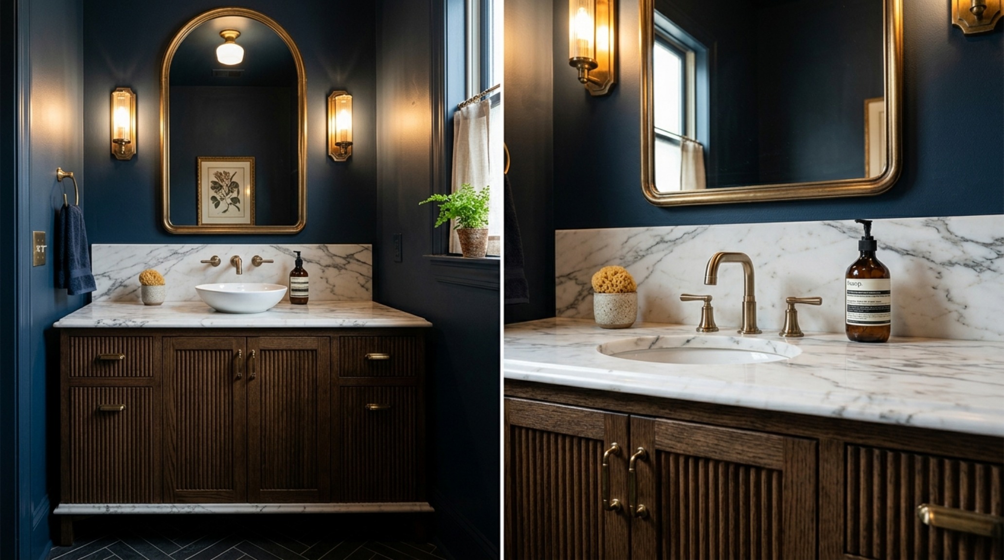 A luxurious small bathroom with fluted oak cabinetry and warm brass fixtures, embodying the maximalist studio apartment layout ideas. A luxurious small bathroom with fluted oak cabinetry and warm brass fixtures, embodying the maximalist studio apartment layout ideas.