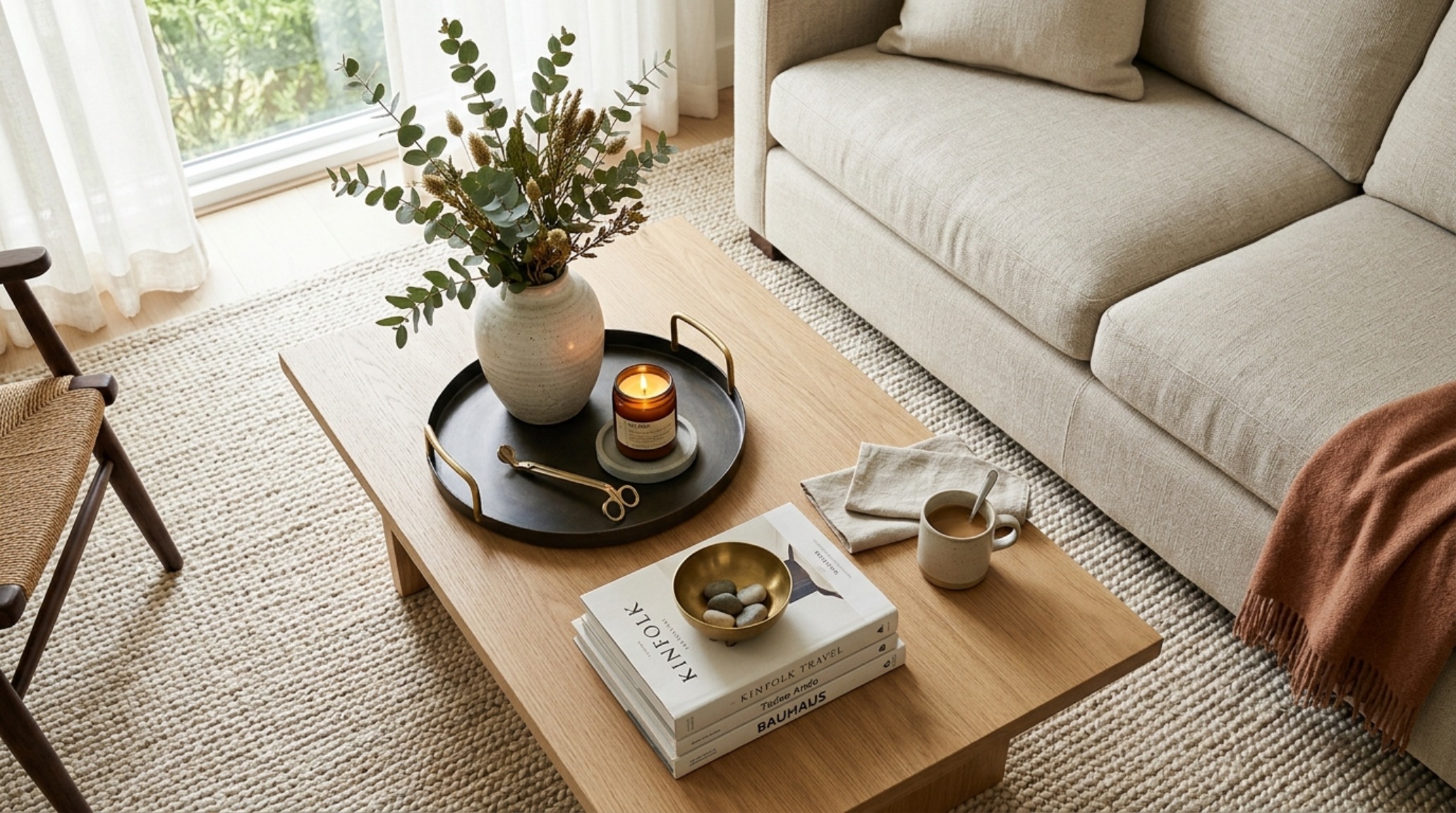 Overhead view of a perfectly styled coffee table with an 18-inch reach from the surrounding seating, illustrating precise interior design clearances. Overhead view of a perfectly styled coffee table with an 18-inch reach from the surrounding seating, illustrating precise interior design clearances.