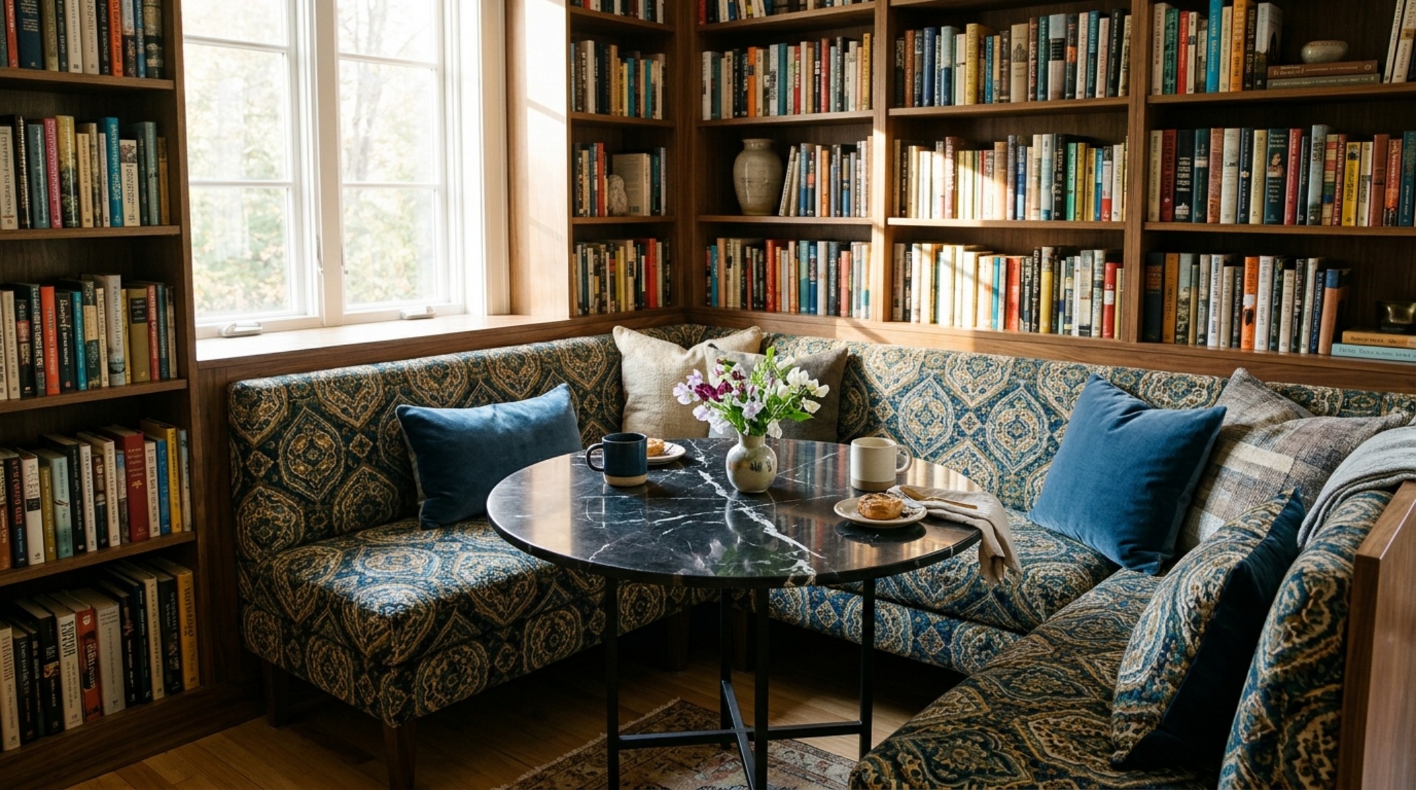 A cozy dining nook with a built-in banquette and a marble-topped table, illustrating small space maximalism and multi-functional layouts. A cozy dining nook with a built-in banquette and a marble-topped table, illustrating small space maximalism and multi-functional layouts.
