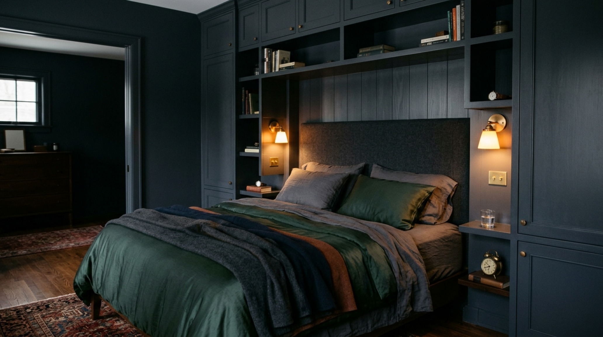 A sleeping alcove integrated into custom cabinetry with hidden shelving and warm ambient lighting, a key element of jewel box interior design. A sleeping alcove integrated into custom cabinetry with hidden shelving and warm ambient lighting, a key element of jewel box interior design.
