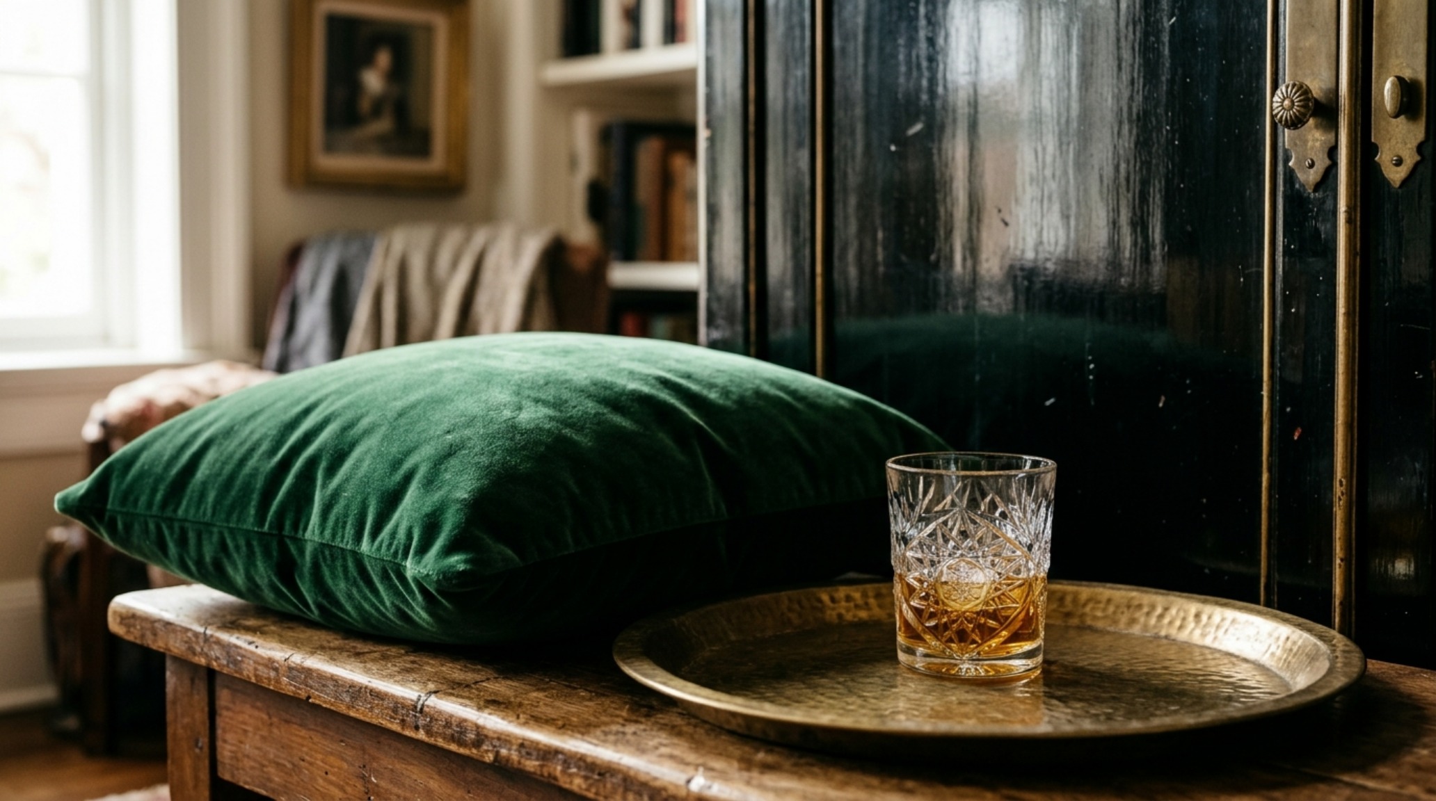 Close-up of tactile materials including silk velvet upholstery, a mohair throw, and polished brass accents against a dark lacquered wall. Close-up of tactile materials including silk velvet upholstery, a mohair throw, and polished brass accents against a dark lacquered wall.