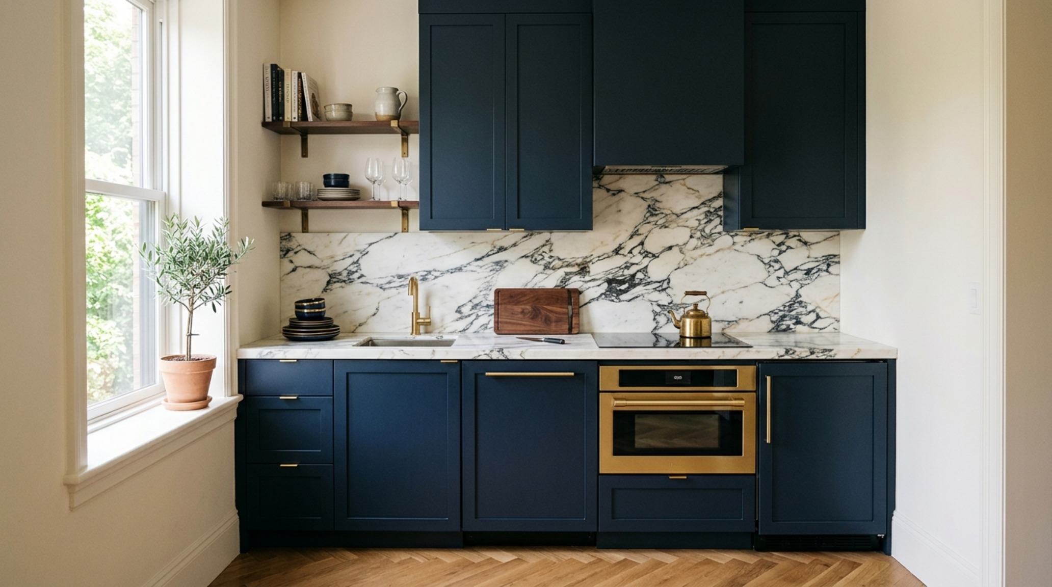 Modern kitchen alcove with Nero Marquina marble countertops and integrated appliances, emphasizing luxury apartment millwork solutions. Modern kitchen alcove with Nero Marquina marble countertops and integrated appliances, emphasizing luxury apartment millwork solutions.