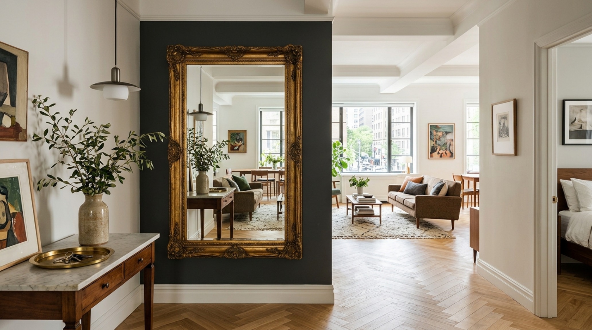 Entryway gallery with a console table and a large mirror, demonstrating sightline alignment and negative space breathing room in a small studio. Entryway gallery with a console table and a large mirror, demonstrating sightline alignment and negative space breathing room in a small studio.