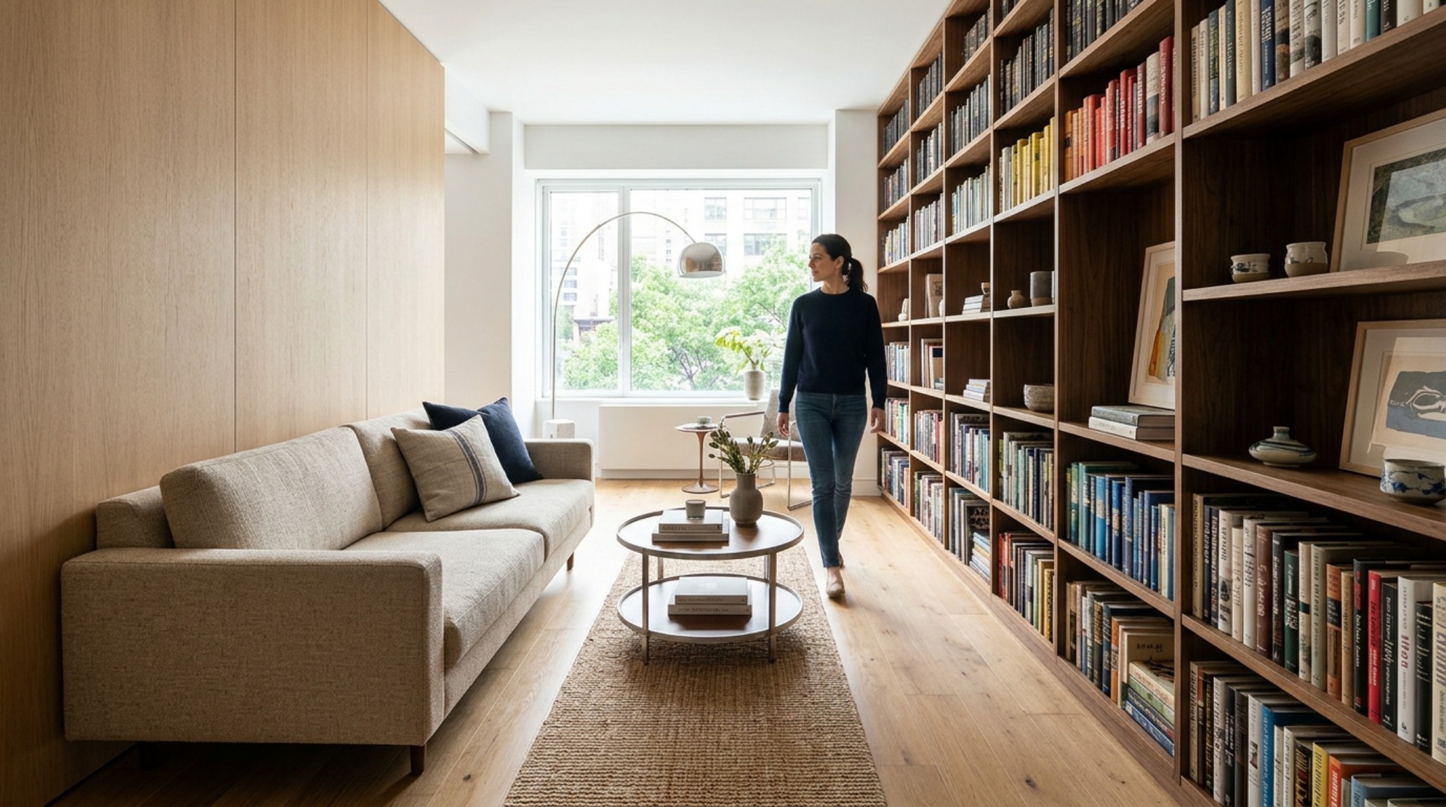 Architectural view of a 36-inch walkway clearance between a velvet sofa and a custom shelving unit, showcasing ergonomic furniture placement. Architectural view of a 36-inch walkway clearance between a velvet sofa and a custom shelving unit, showcasing ergonomic furniture placement.